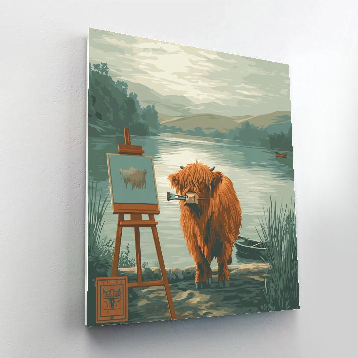 Lochside Sketching, Highland Cow With Easel paint by color