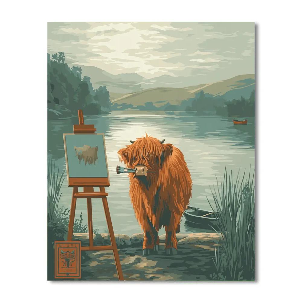 Lochside Sketching, Highland Cow With Easel paint by color