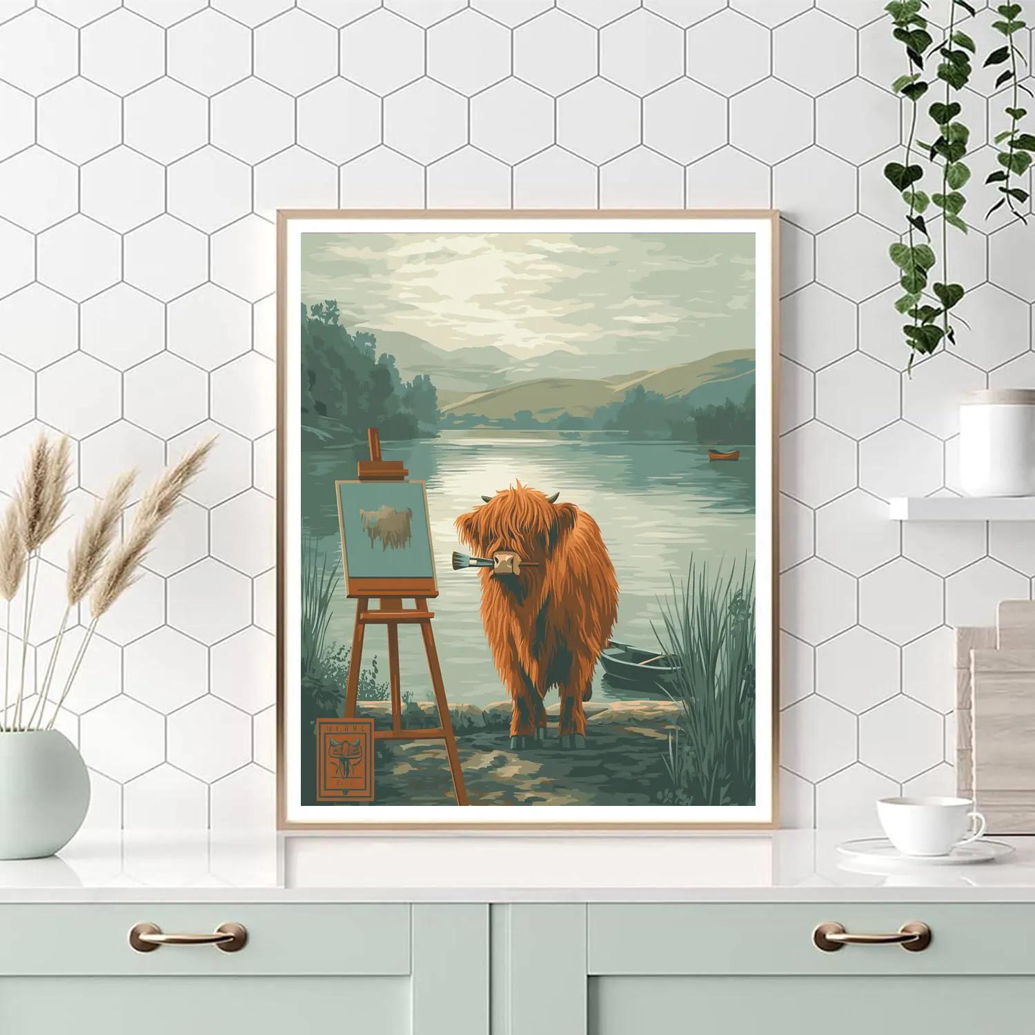 Lochside Sketching, Highland Cow With Easel paint by color