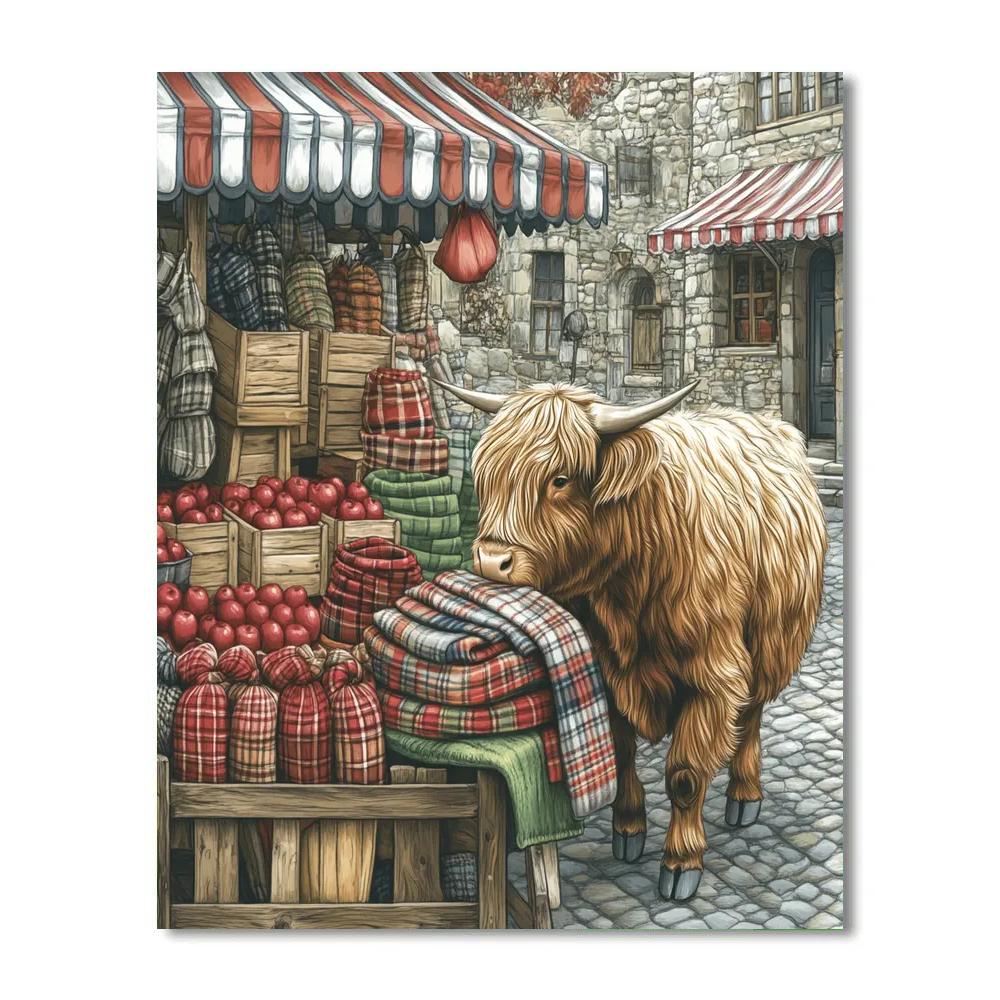 Market Day Highland Cow With Knitwear Stall paint by number
