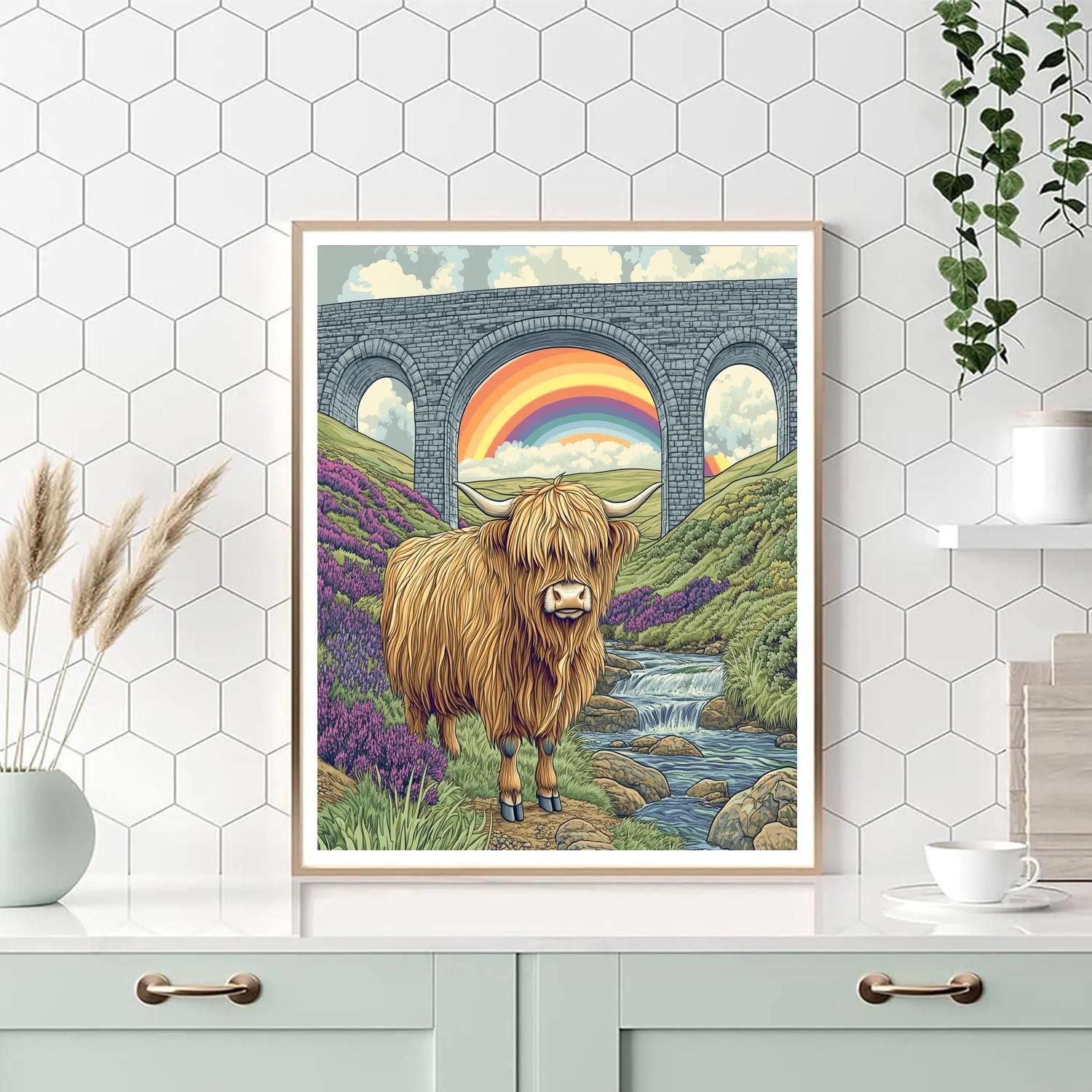 Highland Cow Under The Railway Viaduct Rainbow Number painting