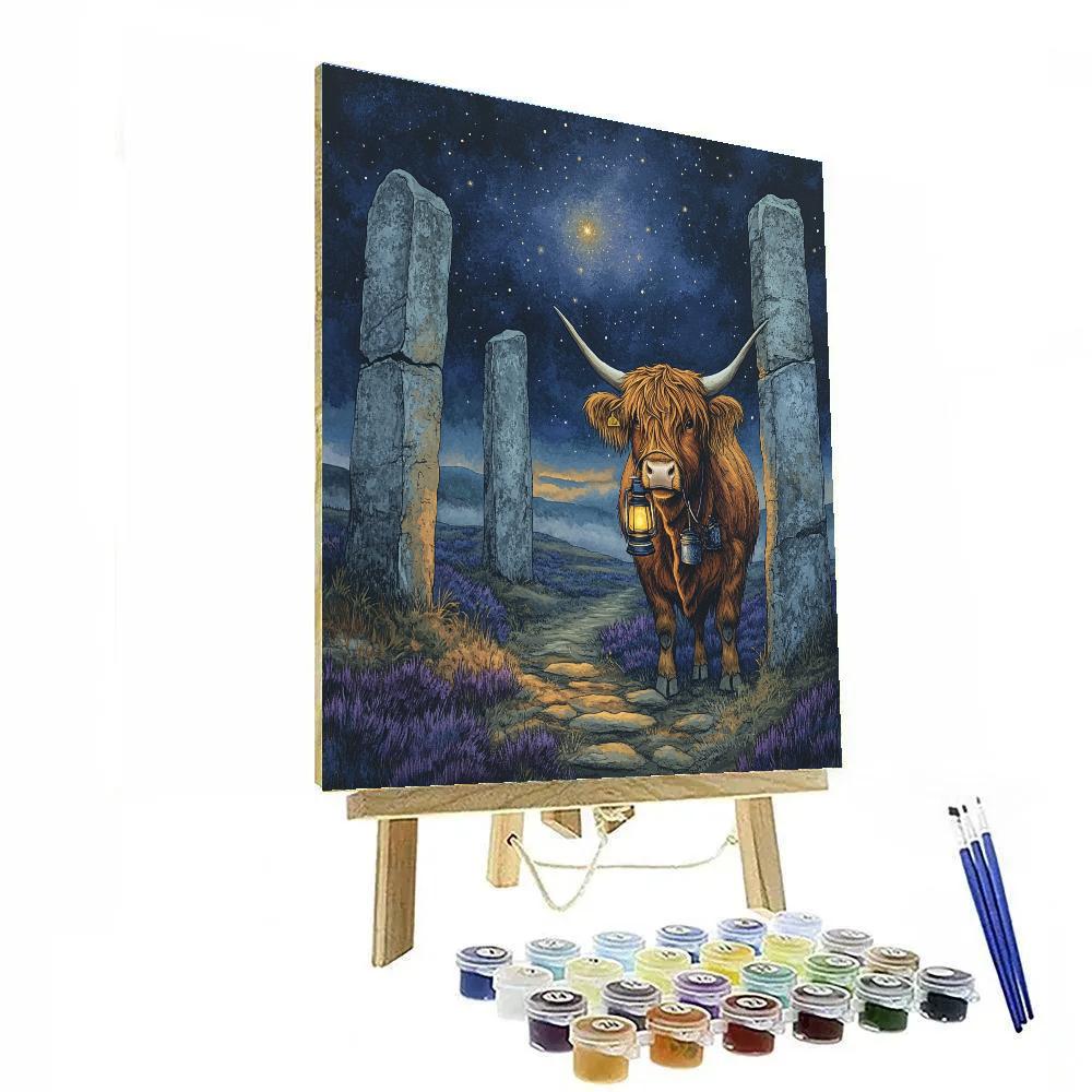 Highland Cow Night Watch By The Standing Stones Paint by numbers art