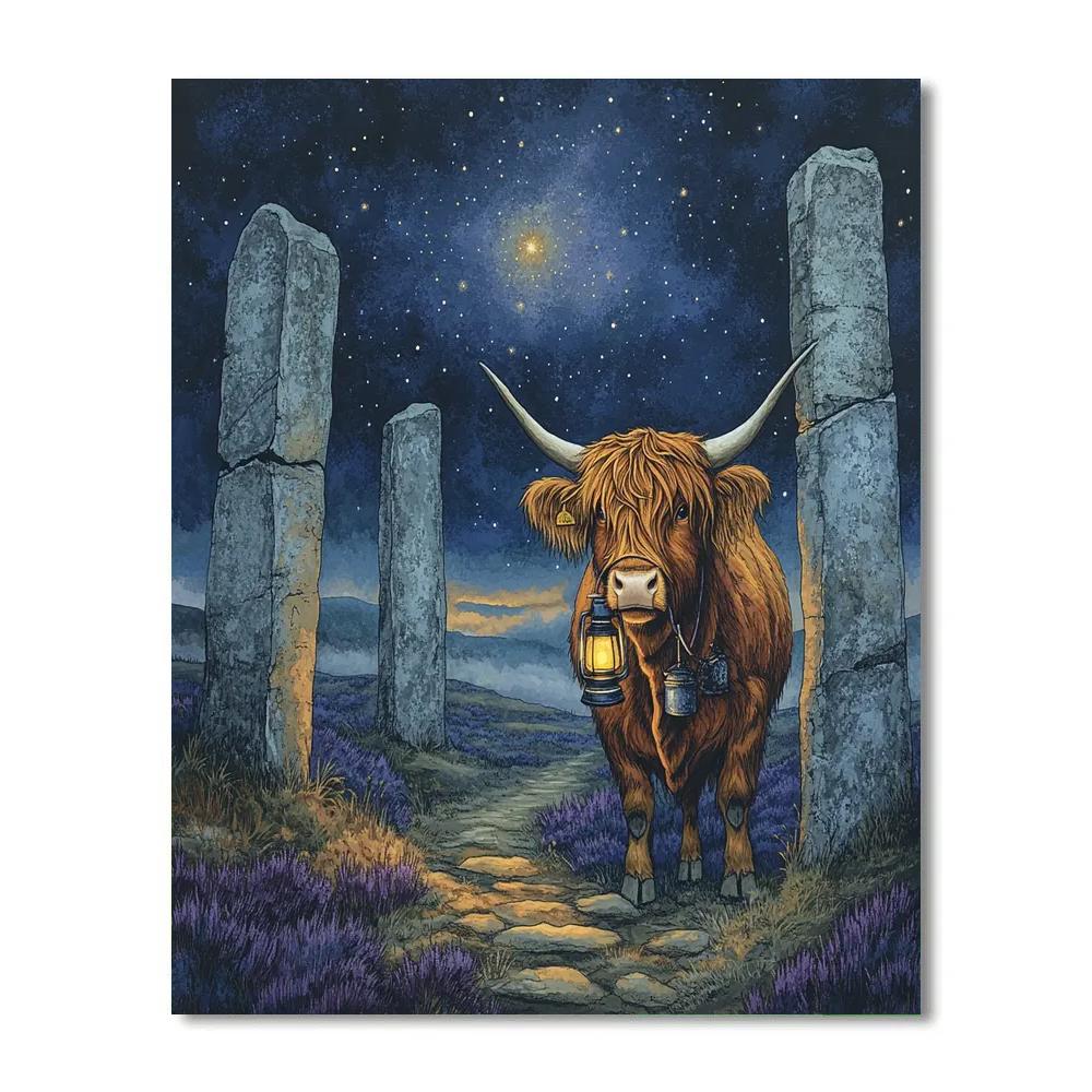 Highland Cow Night Watch By The Standing Stones Paint by numbers art