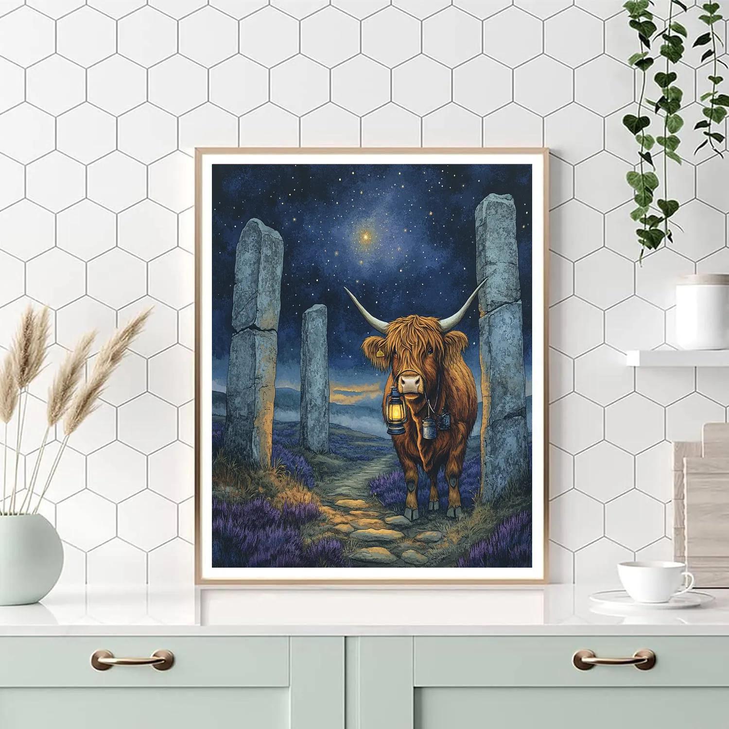 Highland Cow Night Watch By The Standing Stones Paint by numbers art