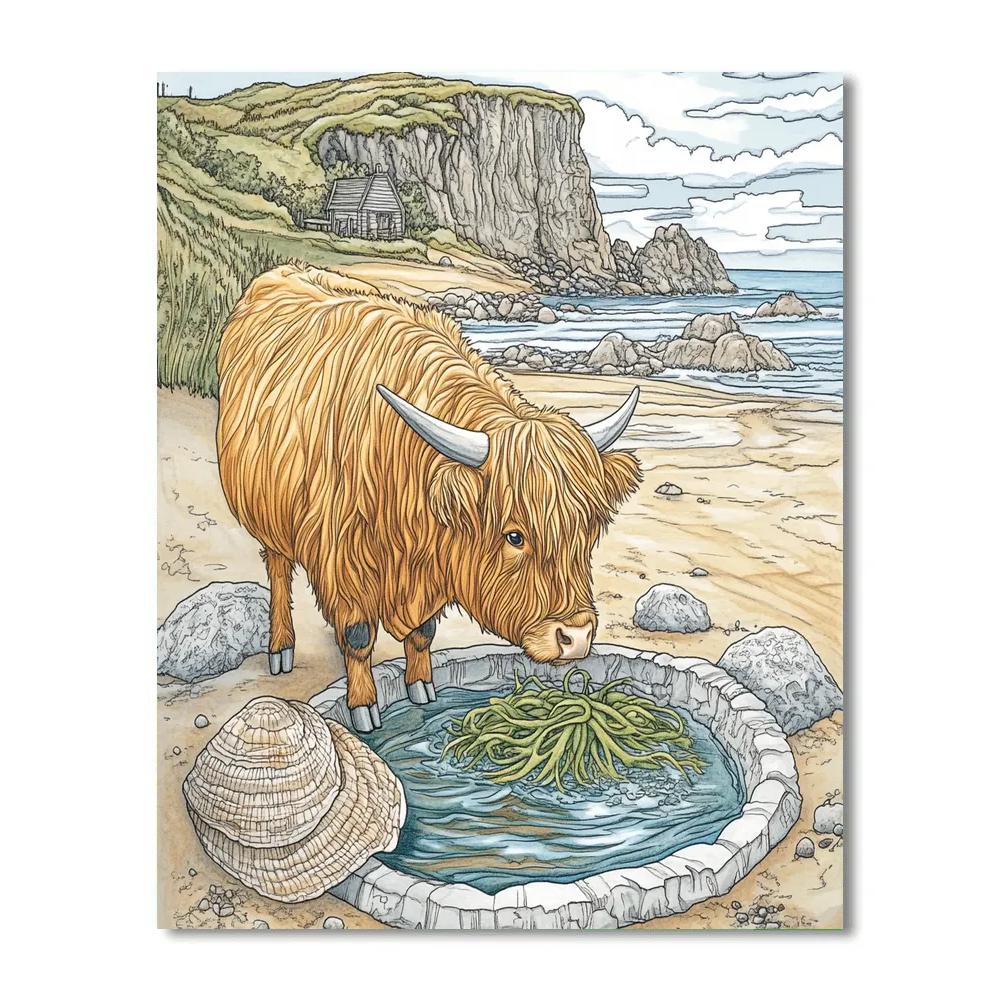 Seaside Rockpool Explorer Highland Cow paint by color