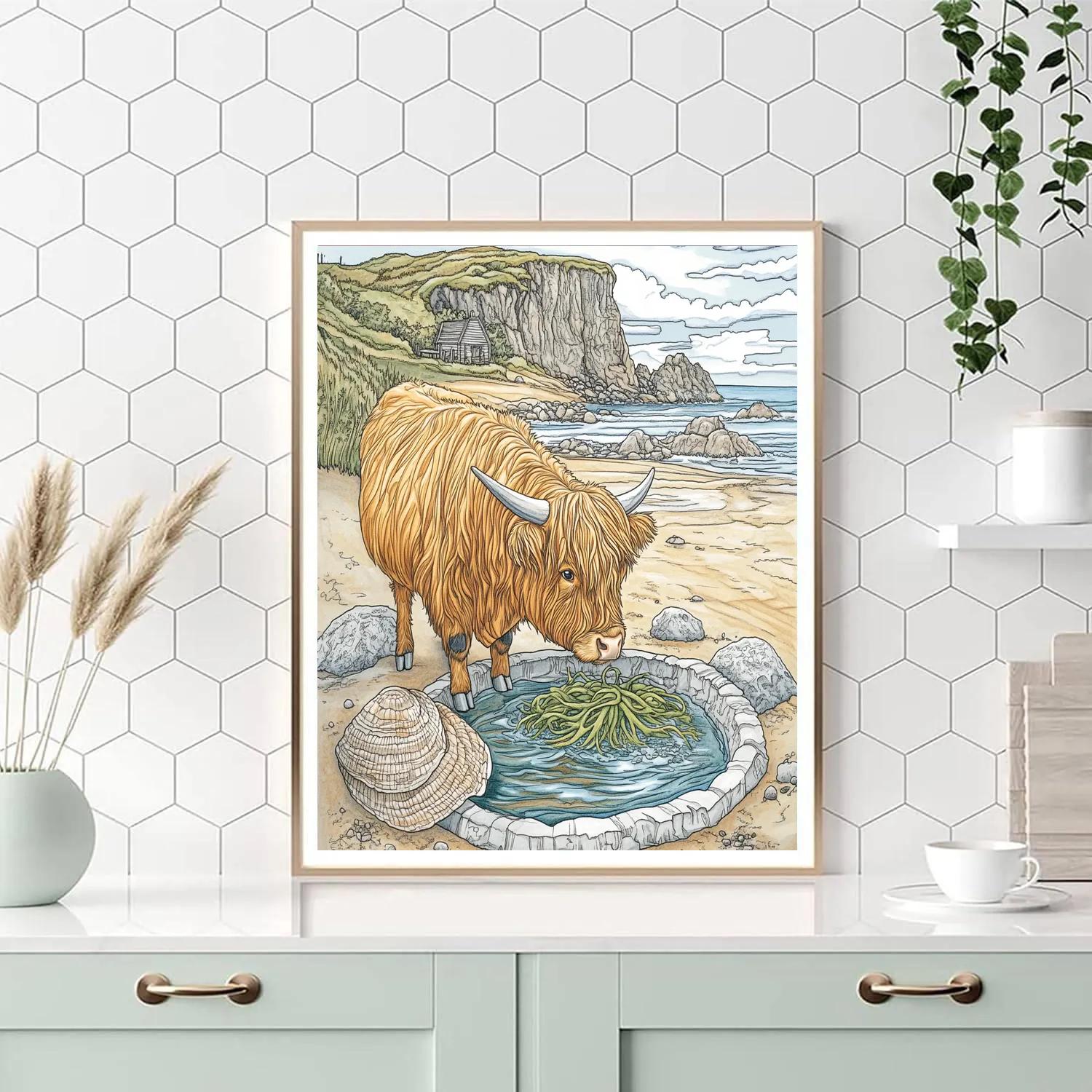 Seaside Rockpool Explorer Highland Cow paint by color