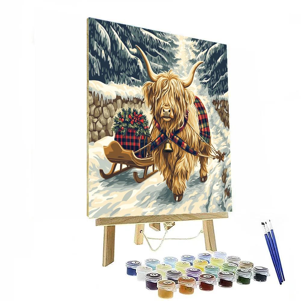 Winter Sleigh Bells, Highland Cow In Holly Harness paint by color