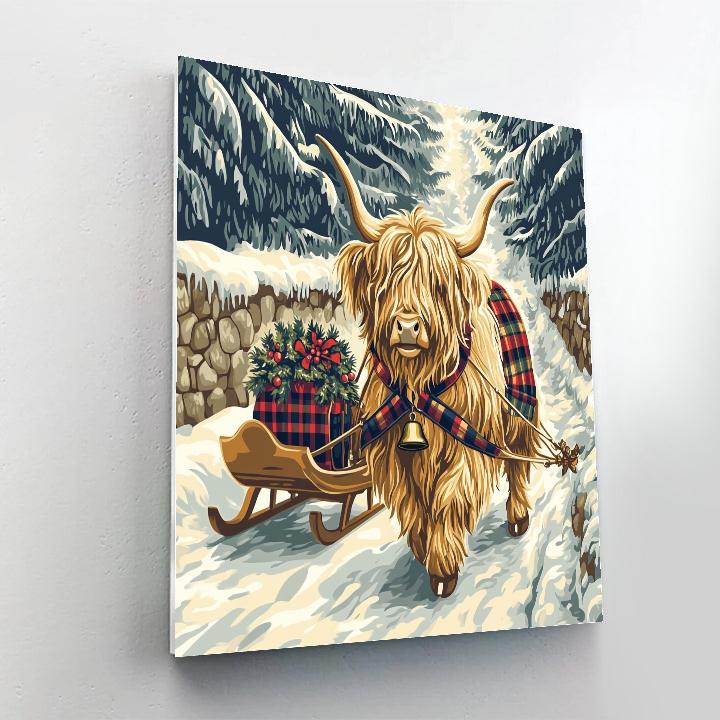 Winter Sleigh Bells, Highland Cow In Holly Harness paint by color