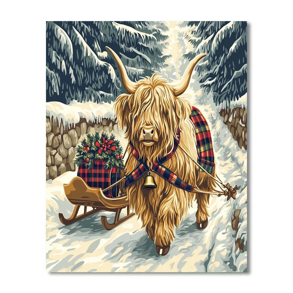 Winter Sleigh Bells, Highland Cow In Holly Harness paint by color