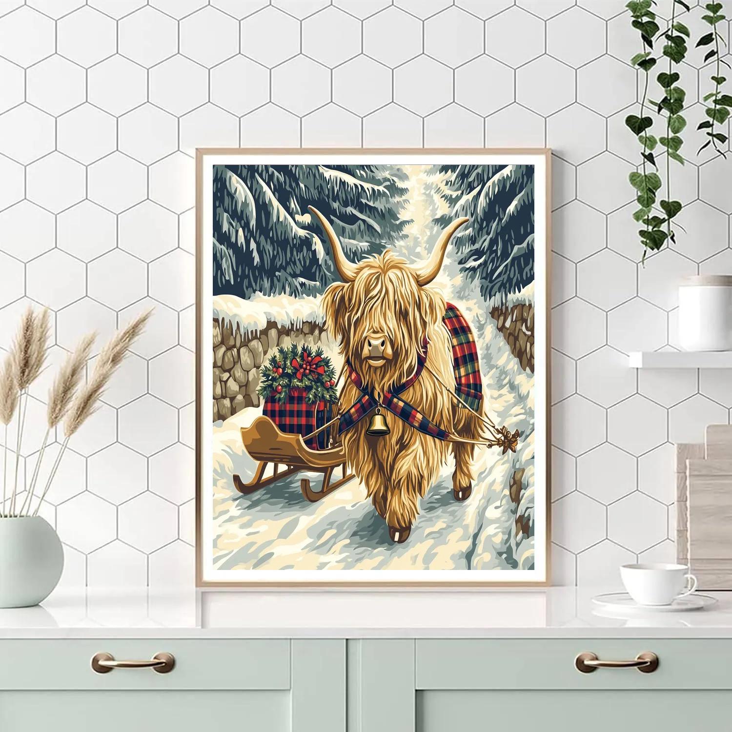 Winter Sleigh Bells, Highland Cow In Holly Harness paint by color