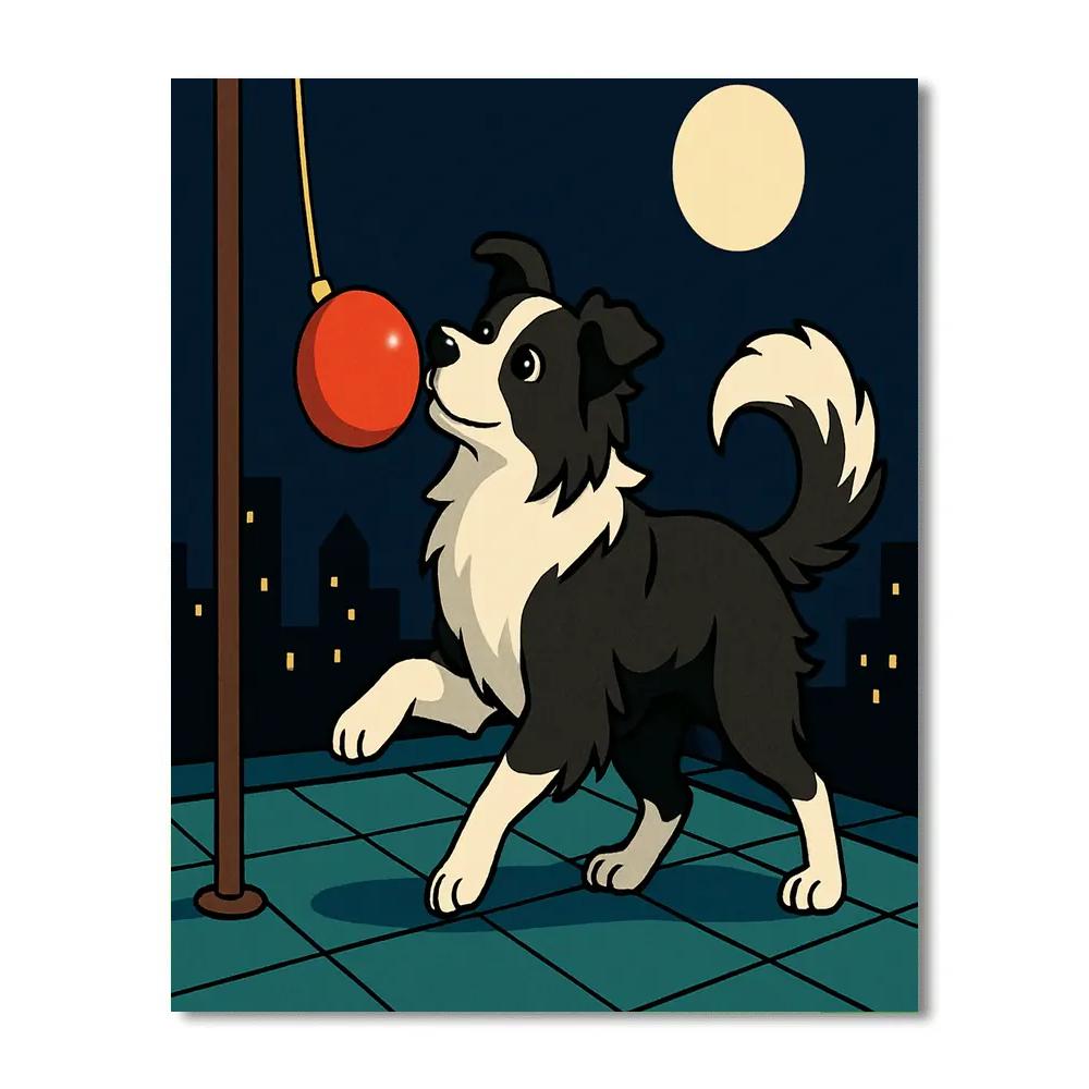 Dog Tetherball On A Moonlit Rooftop Number painting