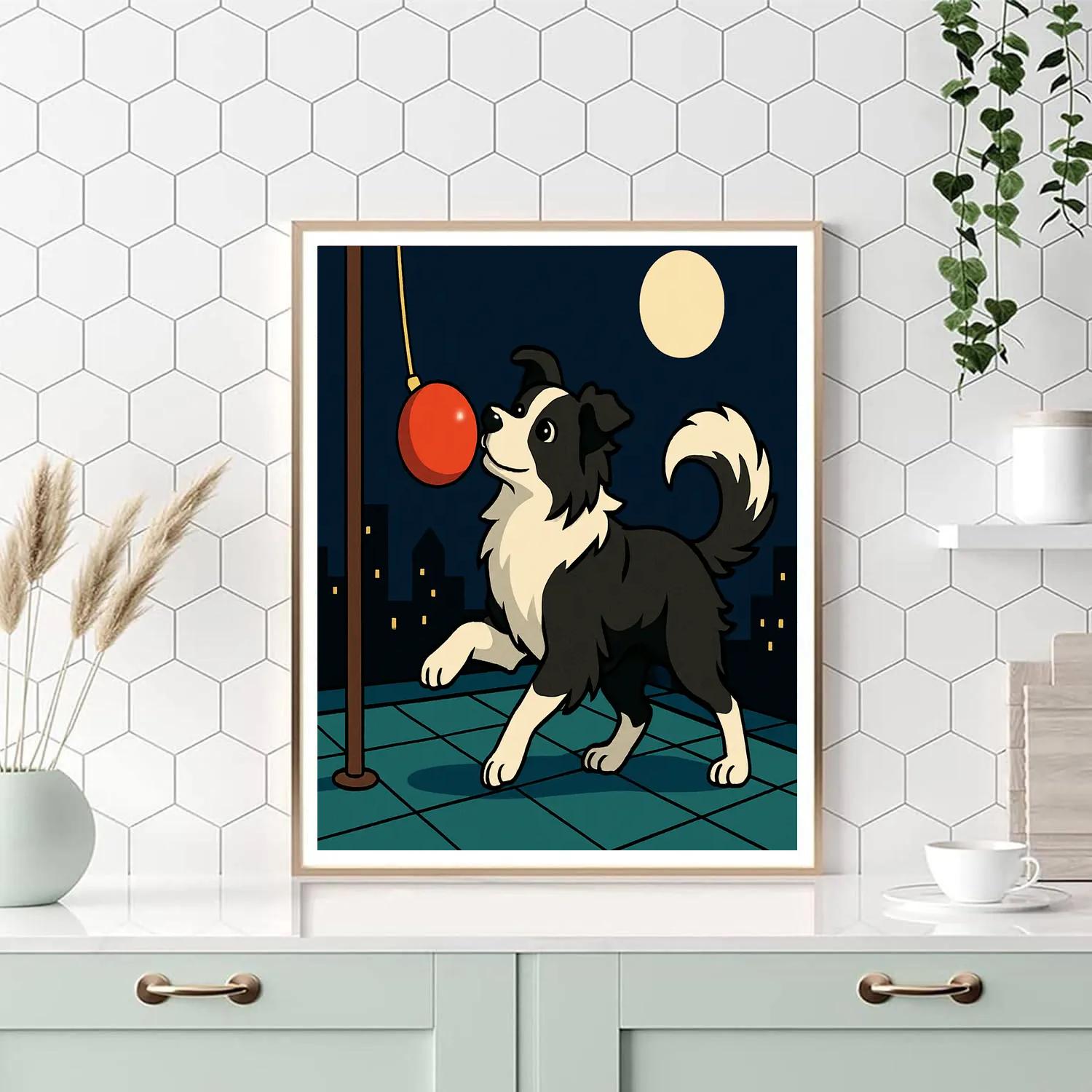 Dog Tetherball On A Moonlit Rooftop Number painting