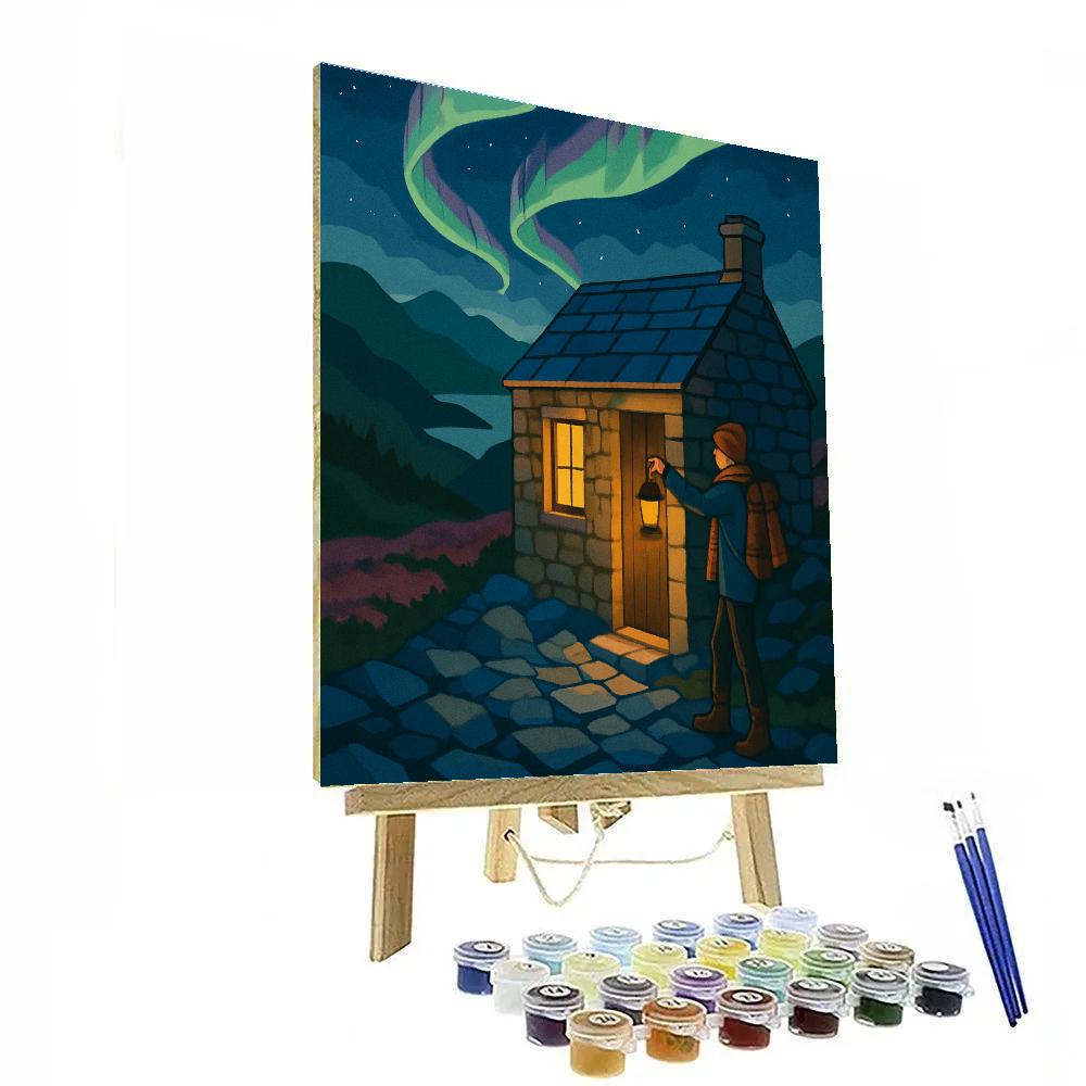 Aurora Lit Bothy In Scotland Highlands Paint by numbers kits