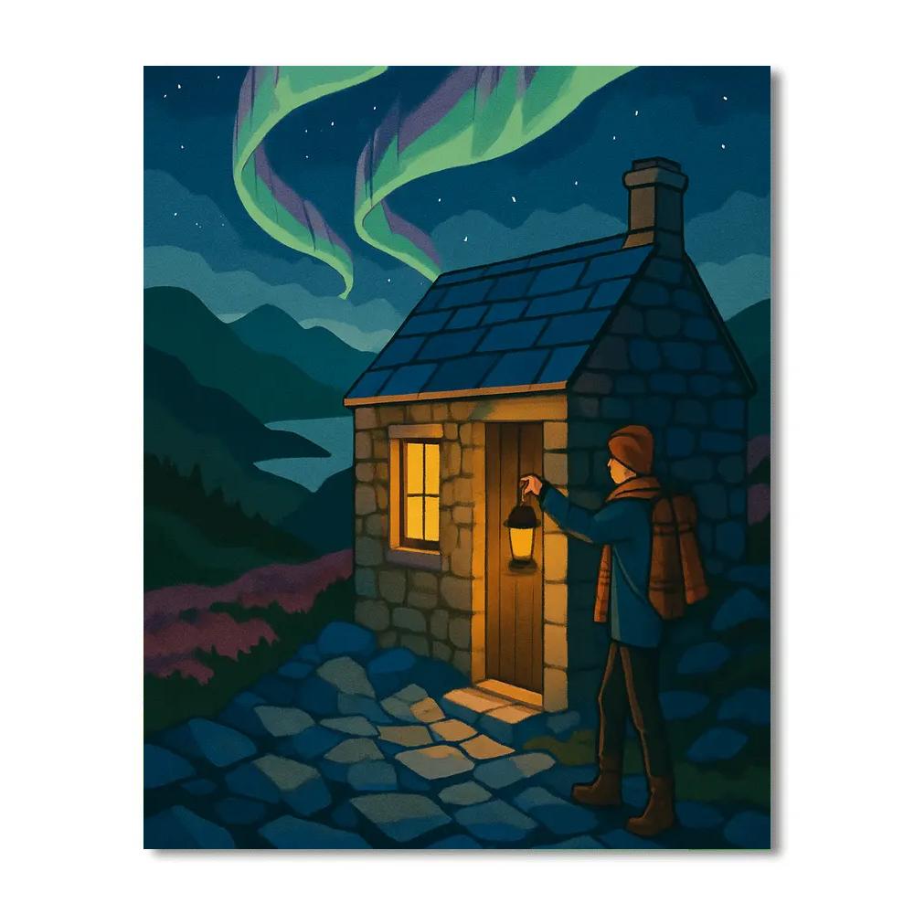 Aurora Lit Bothy In Scotland Highlands Paint by numbers kits