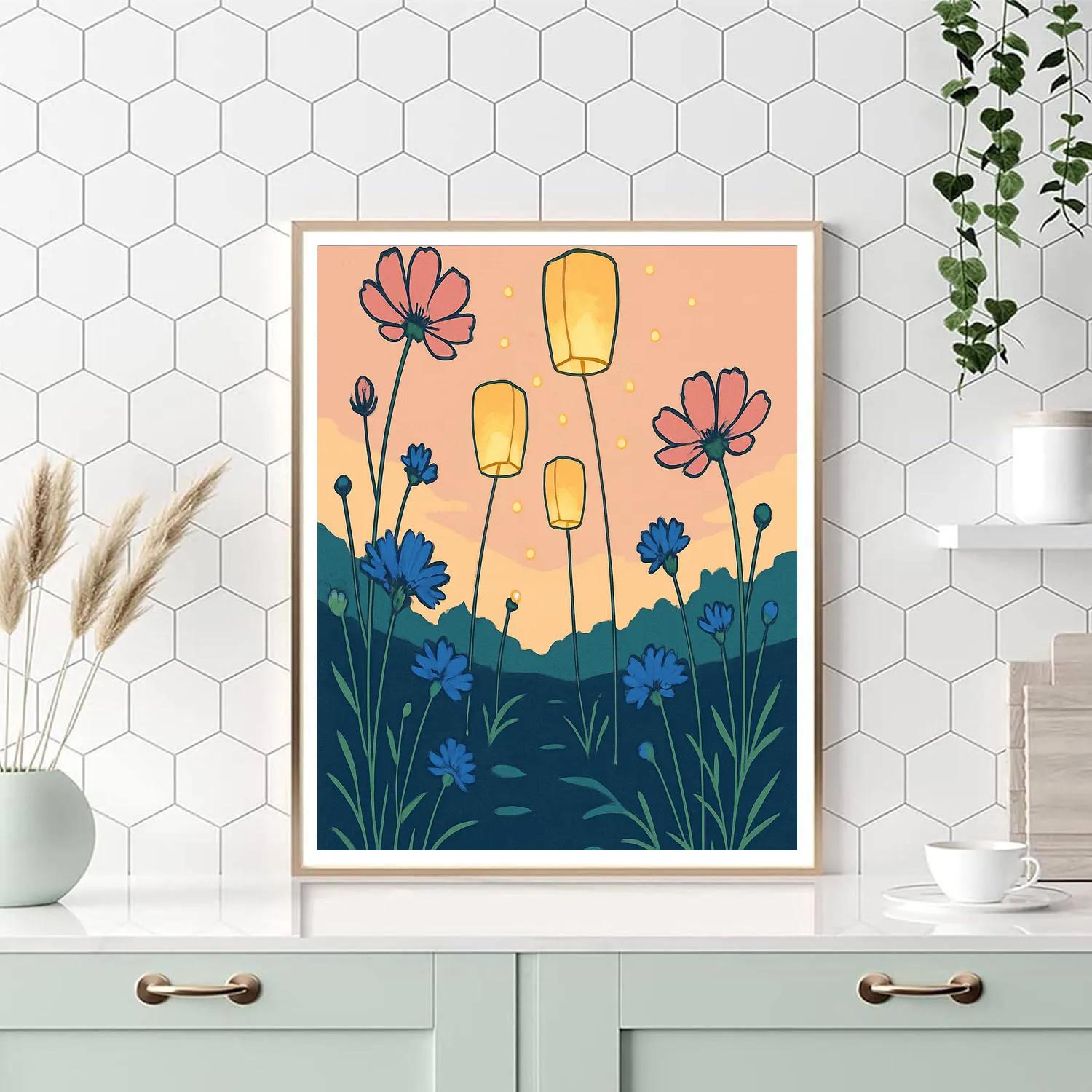 Paper Lantern Meadow With Flowers DIY paint by numbers