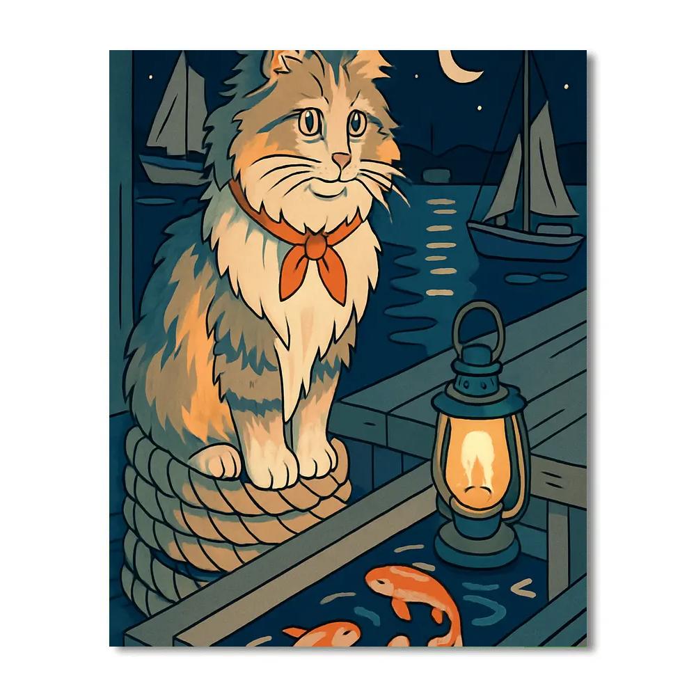 Moonlit Harbor With Cat Lookout DIY paint by numbers