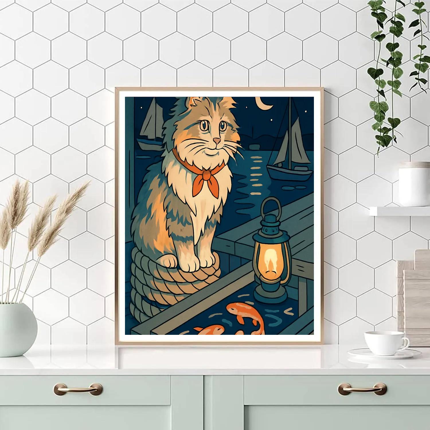 Moonlit Harbor With Cat Lookout DIY paint by numbers