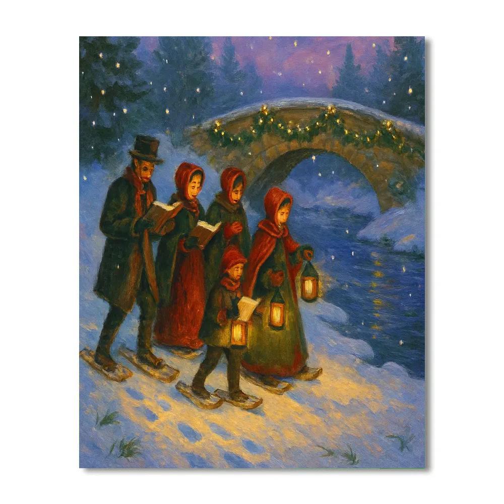 Candlelit Snowshoe Carolers By The Frozen Stream Paint by numbers art