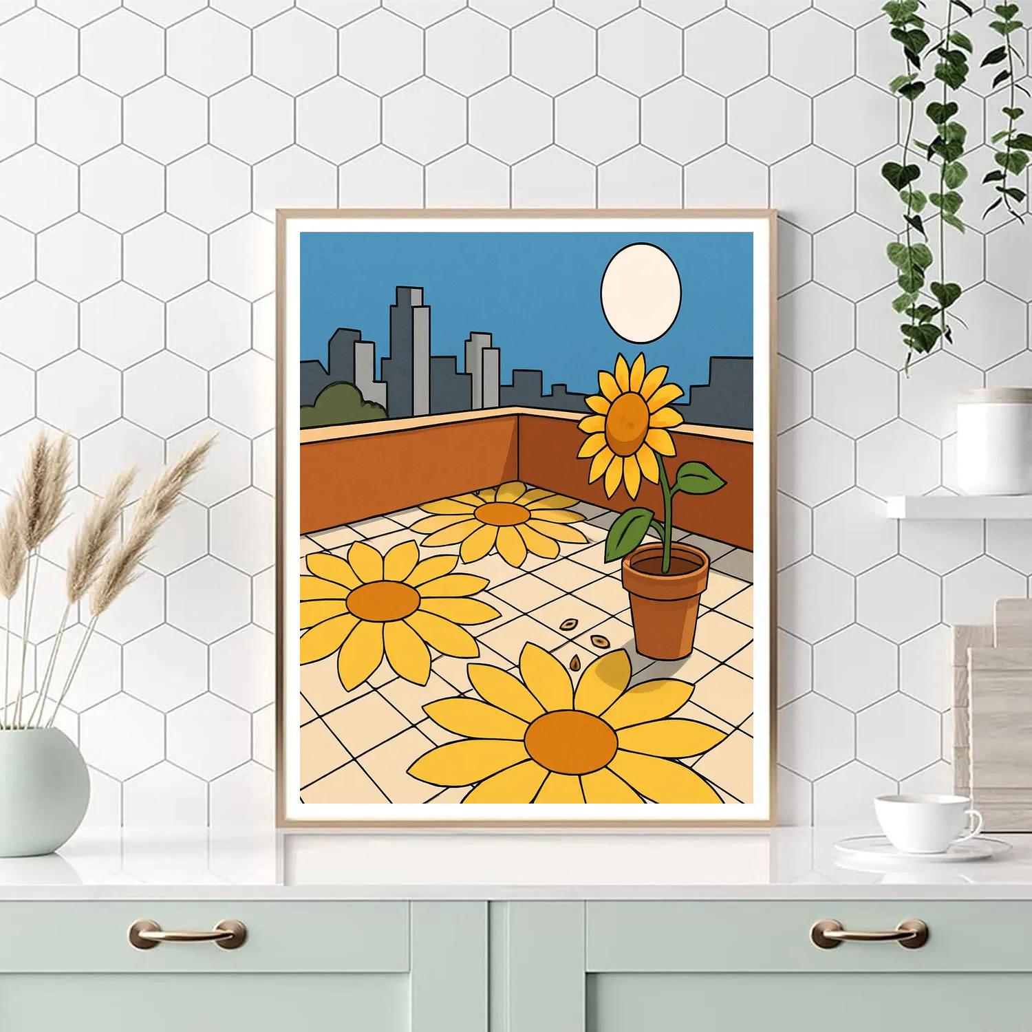 Sunlit Terrace With Sunflower Mosaics paint by number