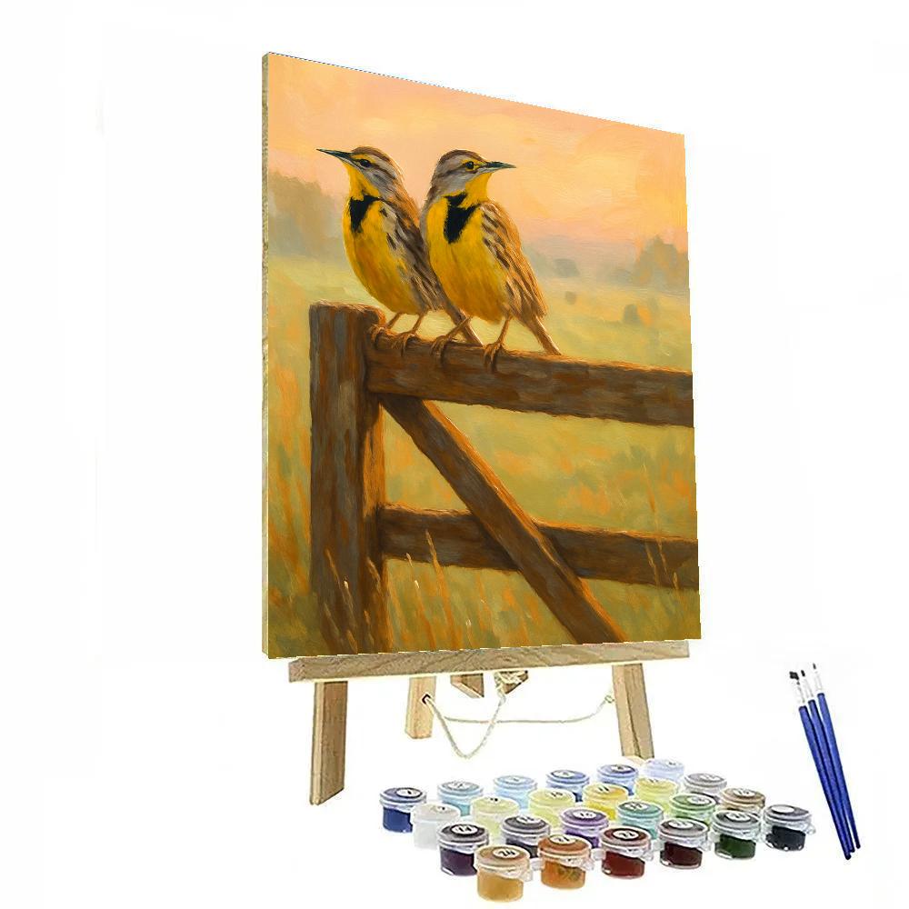 Sunrise Meadow Larks On A Dewy Gate Paint by numbers art
