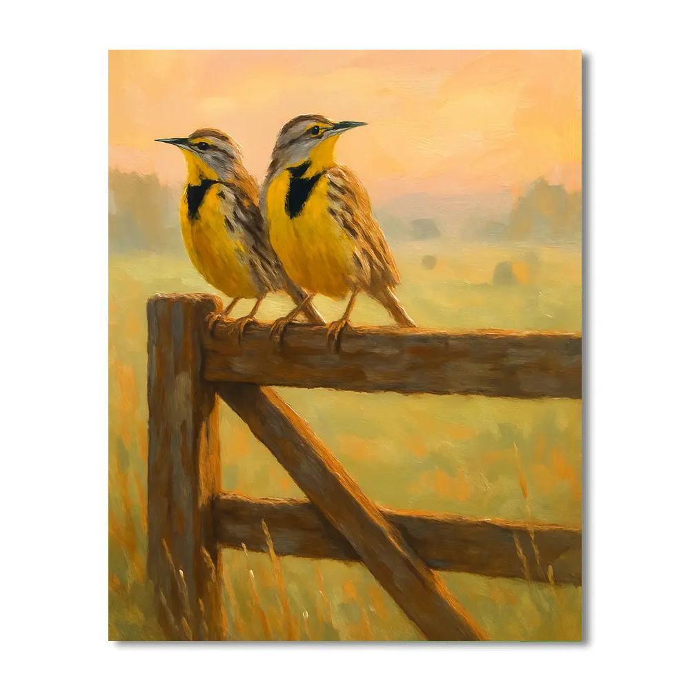 Sunrise Meadow Larks On A Dewy Gate Paint by numbers art