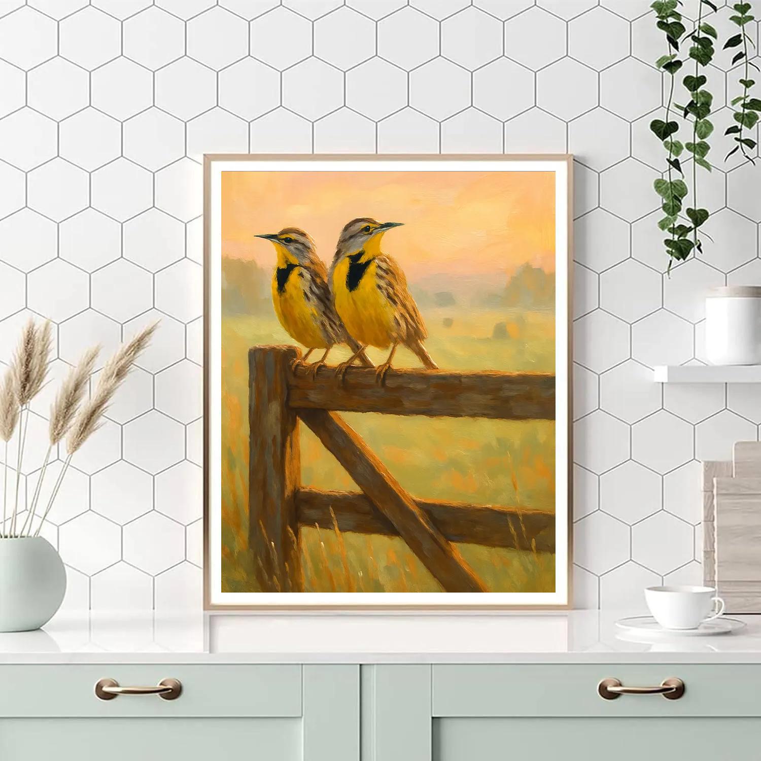Sunrise Meadow Larks On A Dewy Gate Paint by numbers art