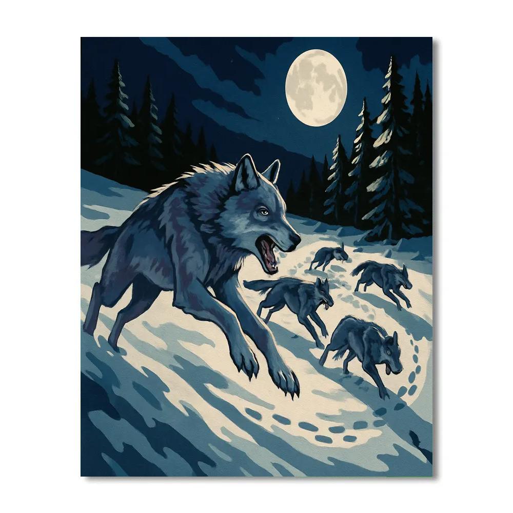 Moonlit Hunt With Wolf Pack Geometry paint by color