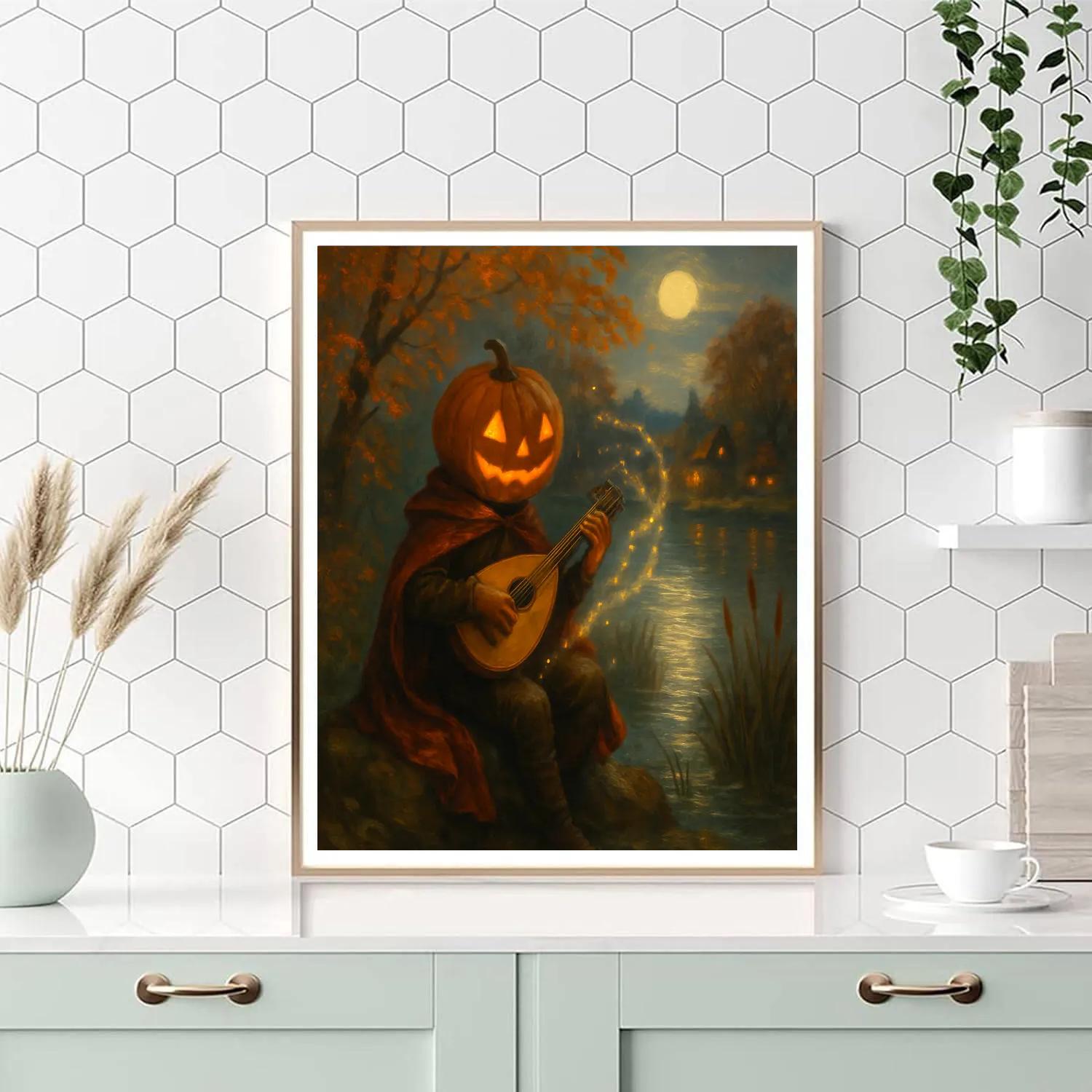 Pumpkin Headed Bard By The River Of Fireflies Number painting