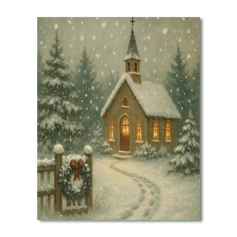 Quiet Chapel Under Falling Silver Snow paint by numbers