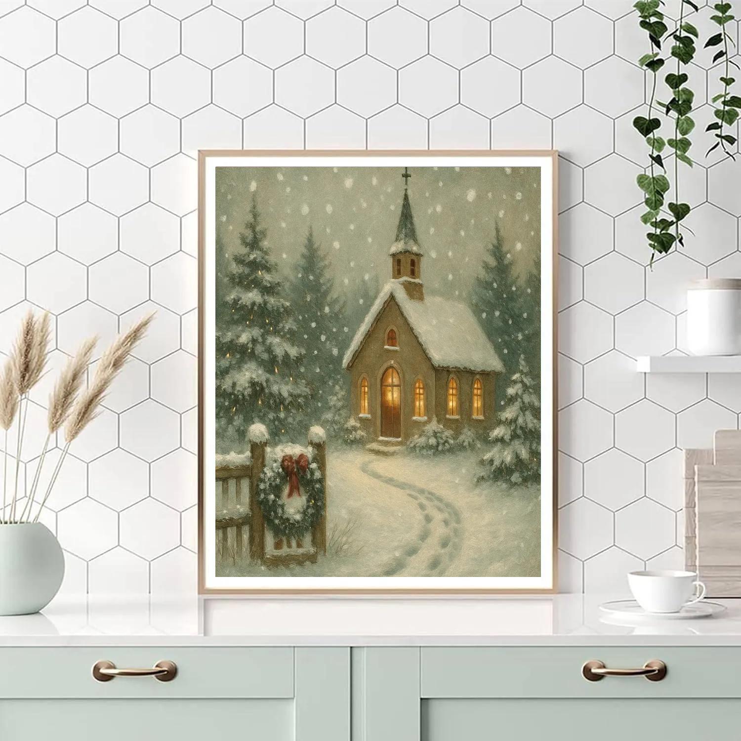 Quiet Chapel Under Falling Silver Snow paint by numbers