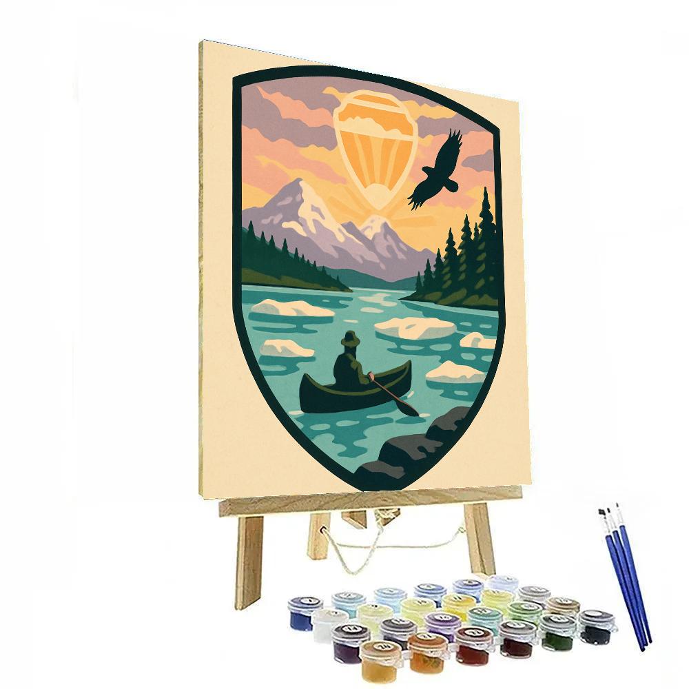 Glacier Lagoon With National Park Emblem Sunrise Painting by numbers kit