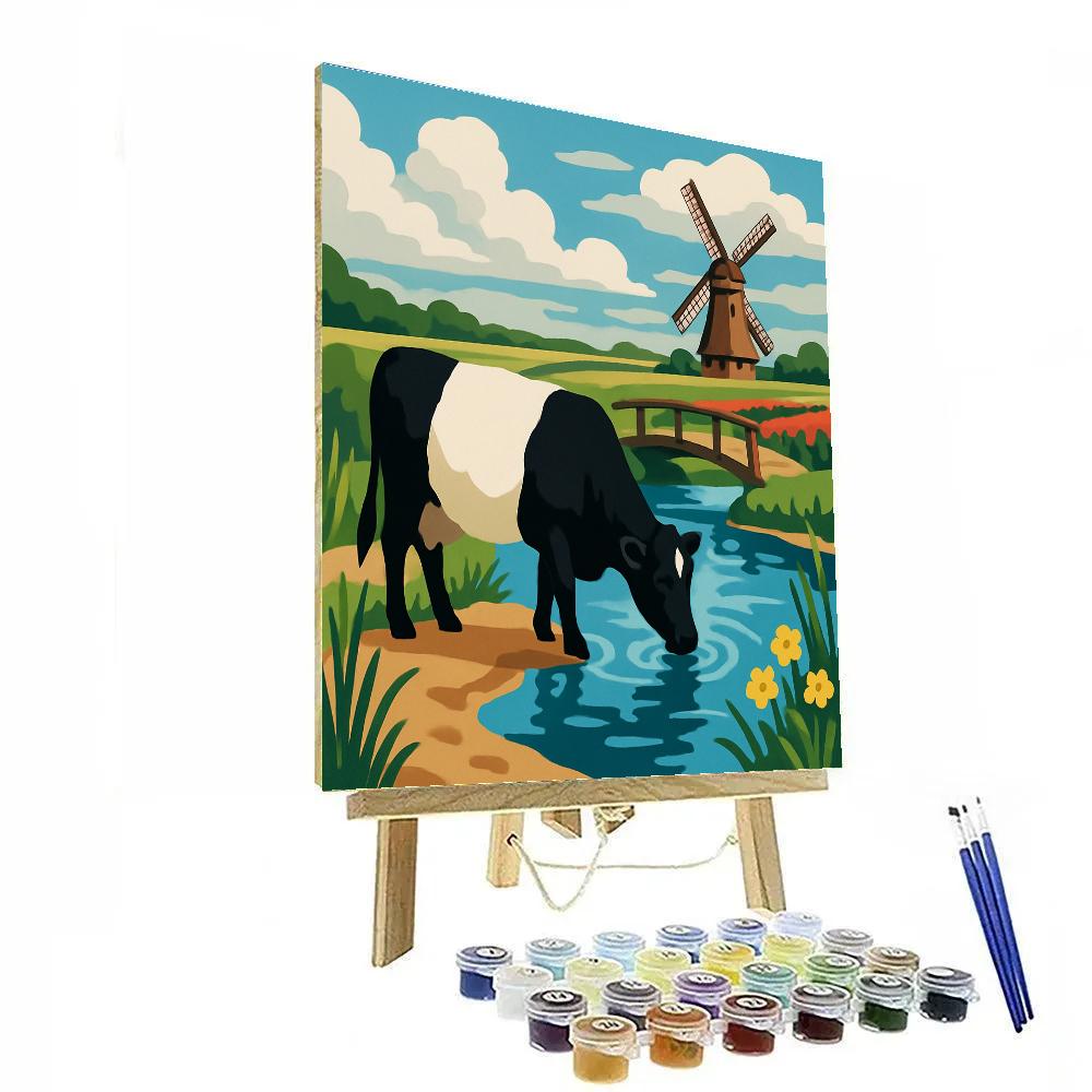 Riverbend Meadow With Cow And Windmill paint by number