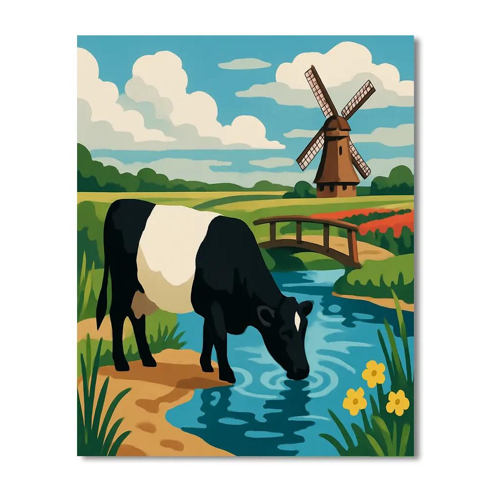 Riverbend Meadow With Cow And Windmill paint by number