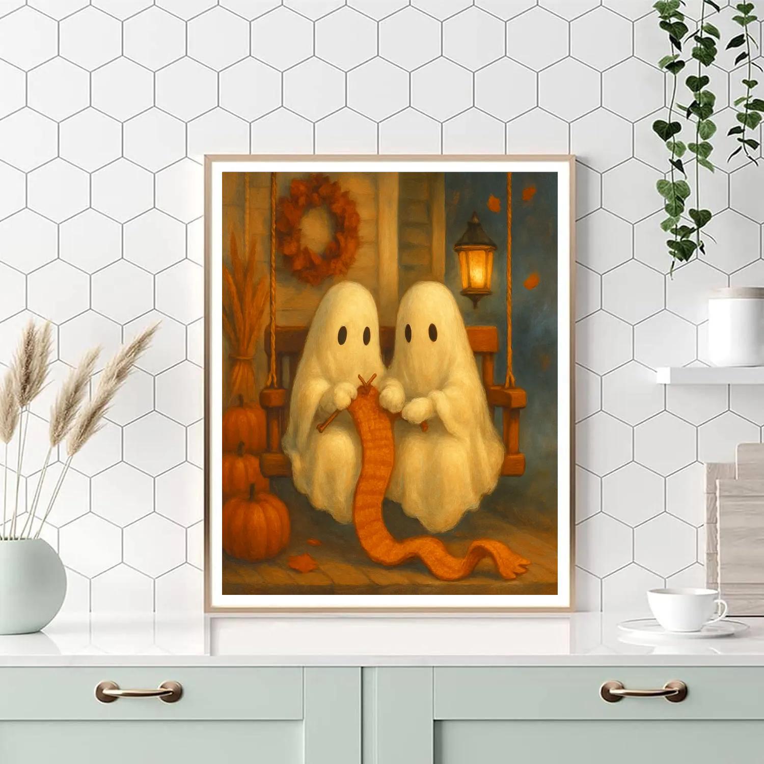 Autumn Porch Swing With Ghostly Knitters paint by number