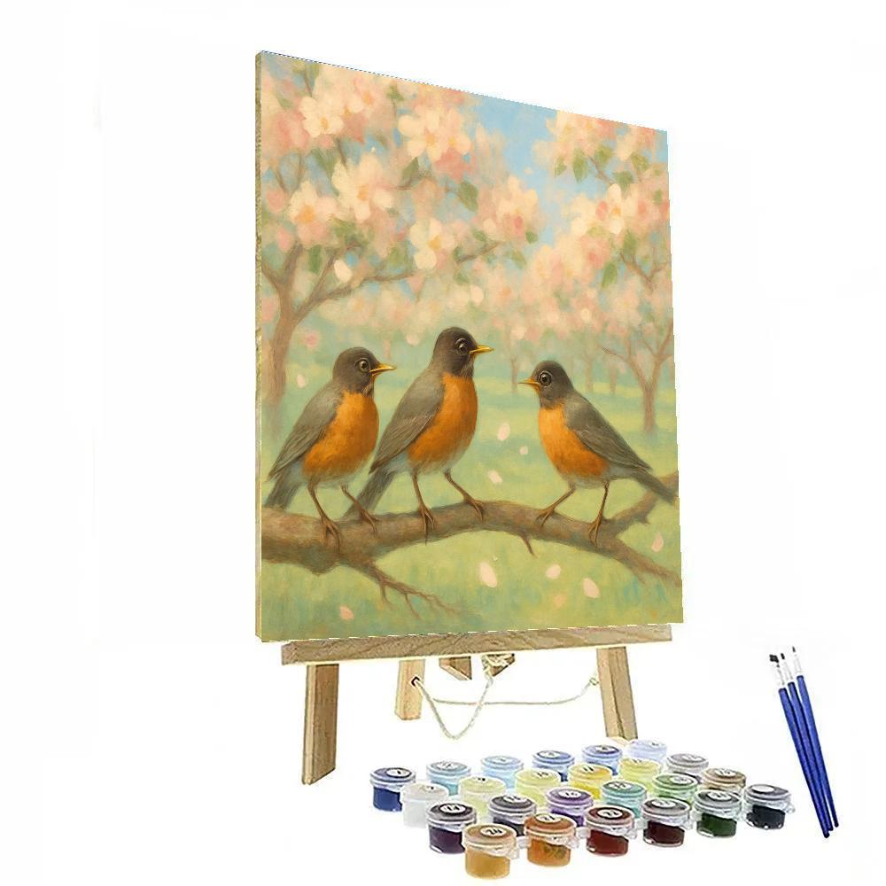 Spring Orchard Robins Among Blossom Drifts painting number kit