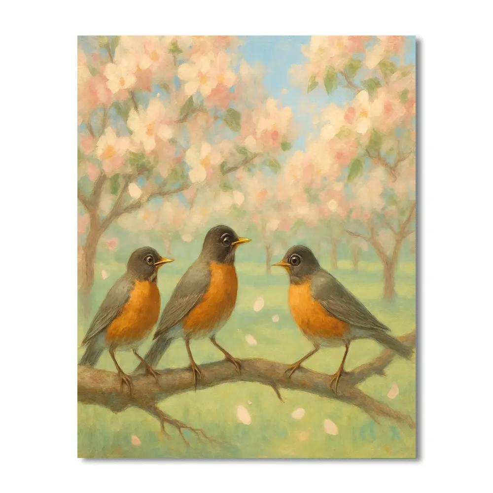 Spring Orchard Robins Among Blossom Drifts painting number kit