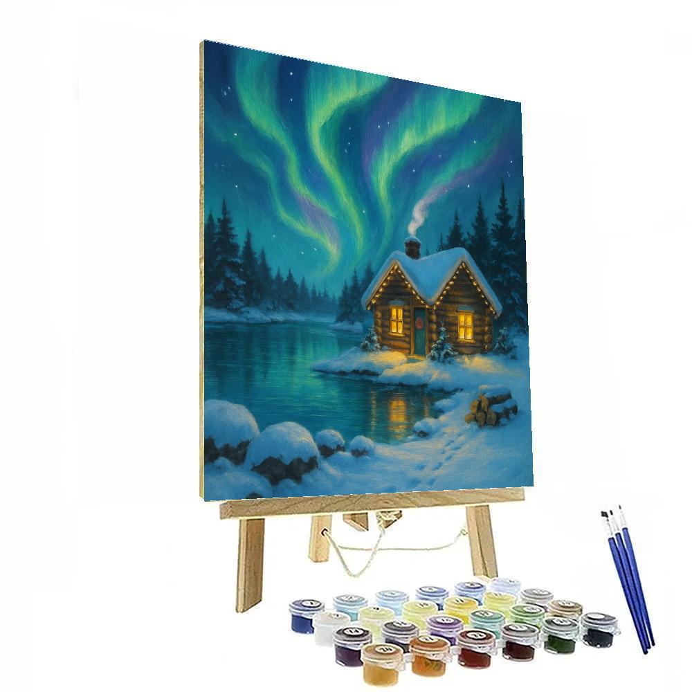 Aurora Over The Cozy Lakeside Cabin painting number kit