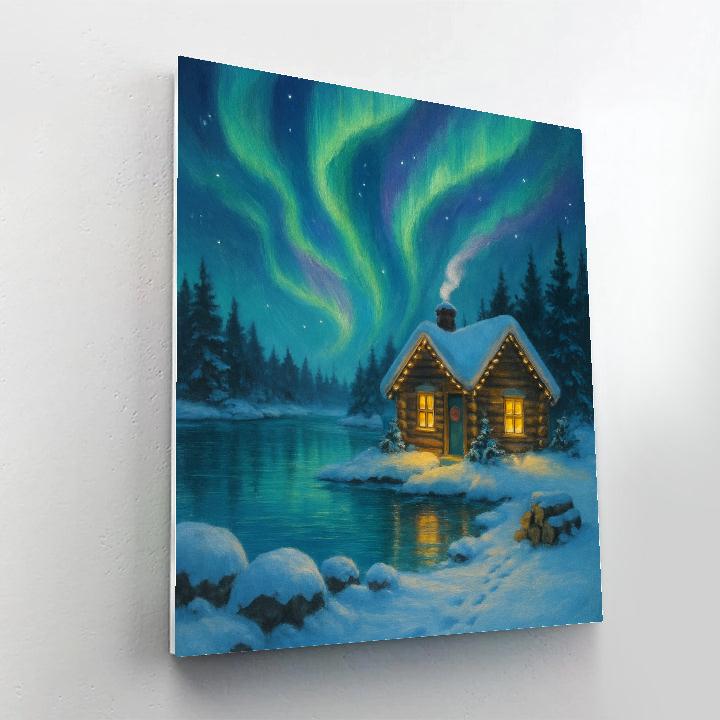Aurora Over The Cozy Lakeside Cabin painting number kit