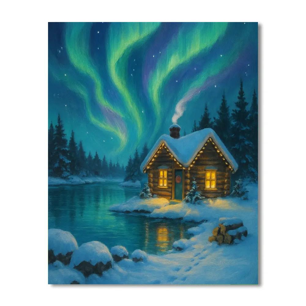 Aurora Over The Cozy Lakeside Cabin painting number kit