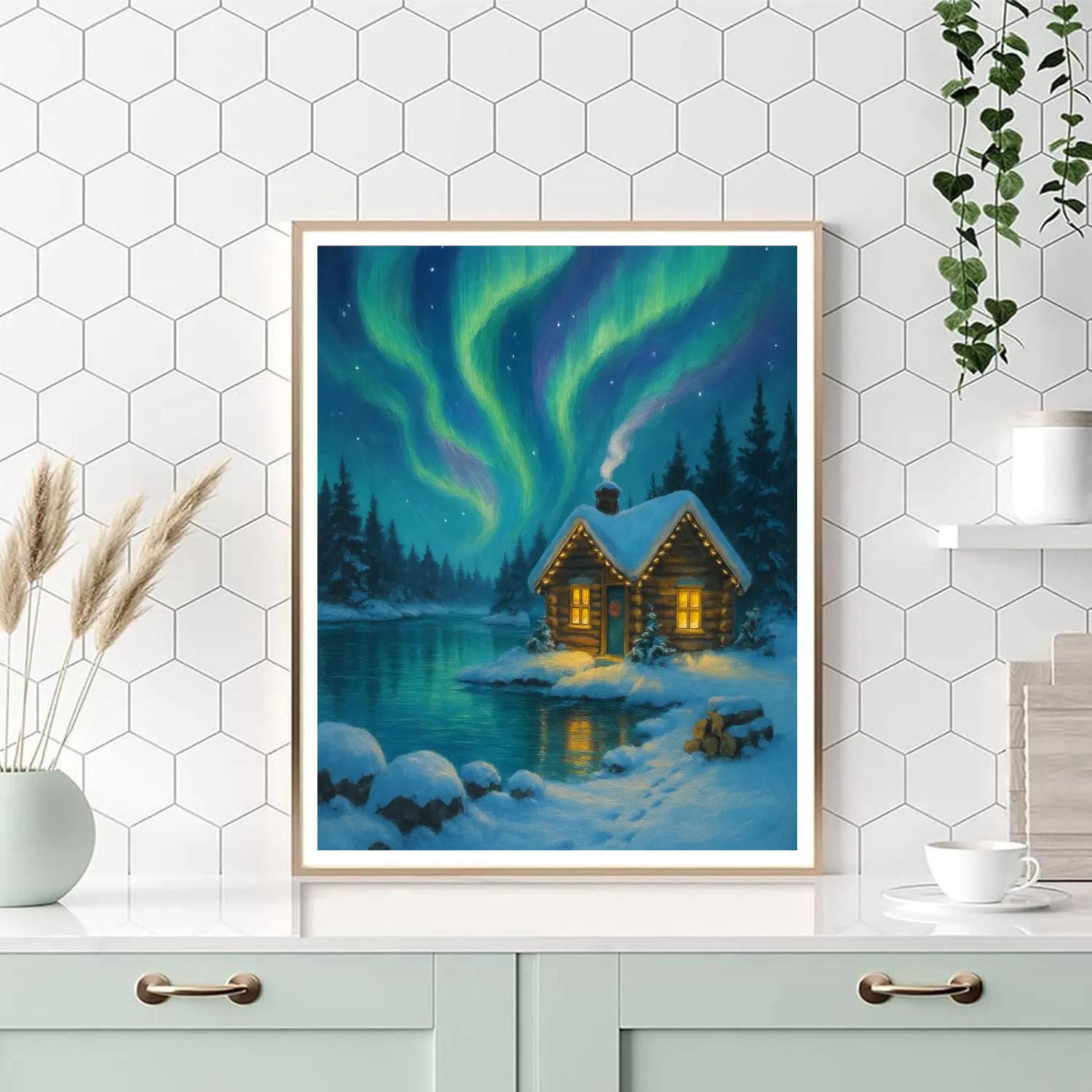 Aurora Over The Cozy Lakeside Cabin painting number kit