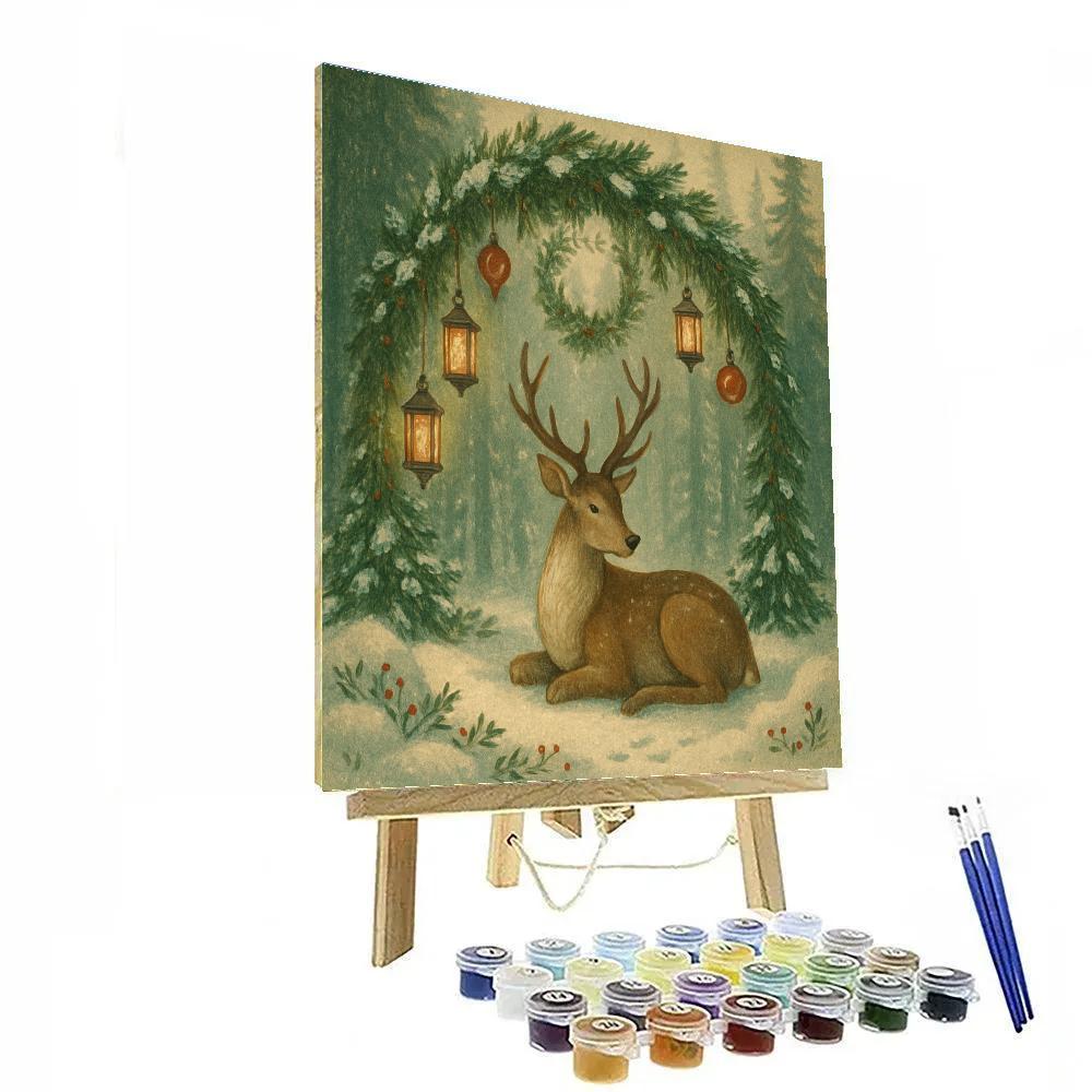 Reindeer Resting Beneath A Lantern Pine Archway Paint by numbers kits