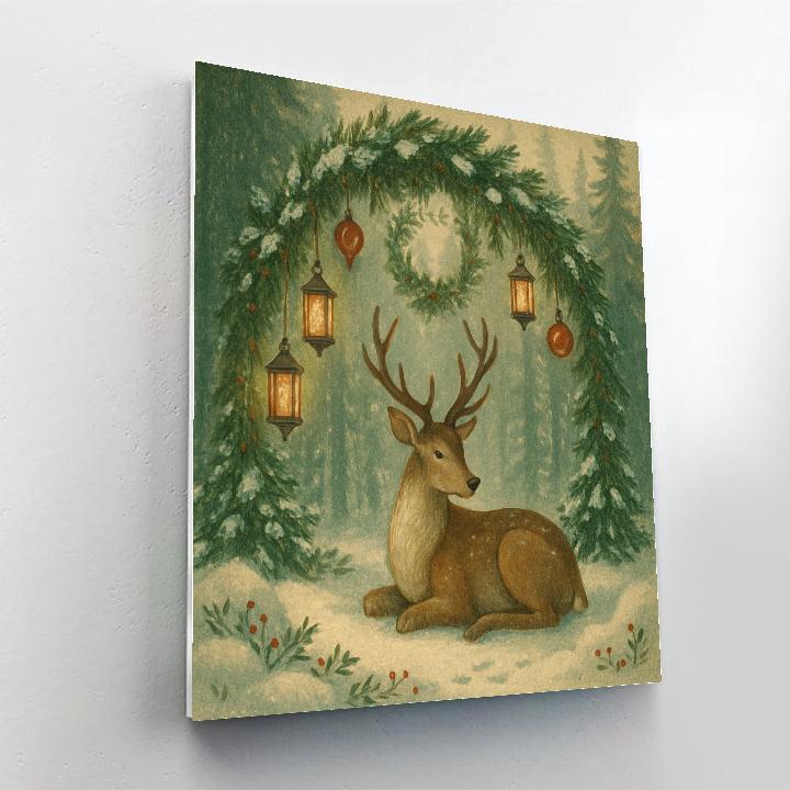 Reindeer Resting Beneath A Lantern Pine Archway Paint by numbers kits