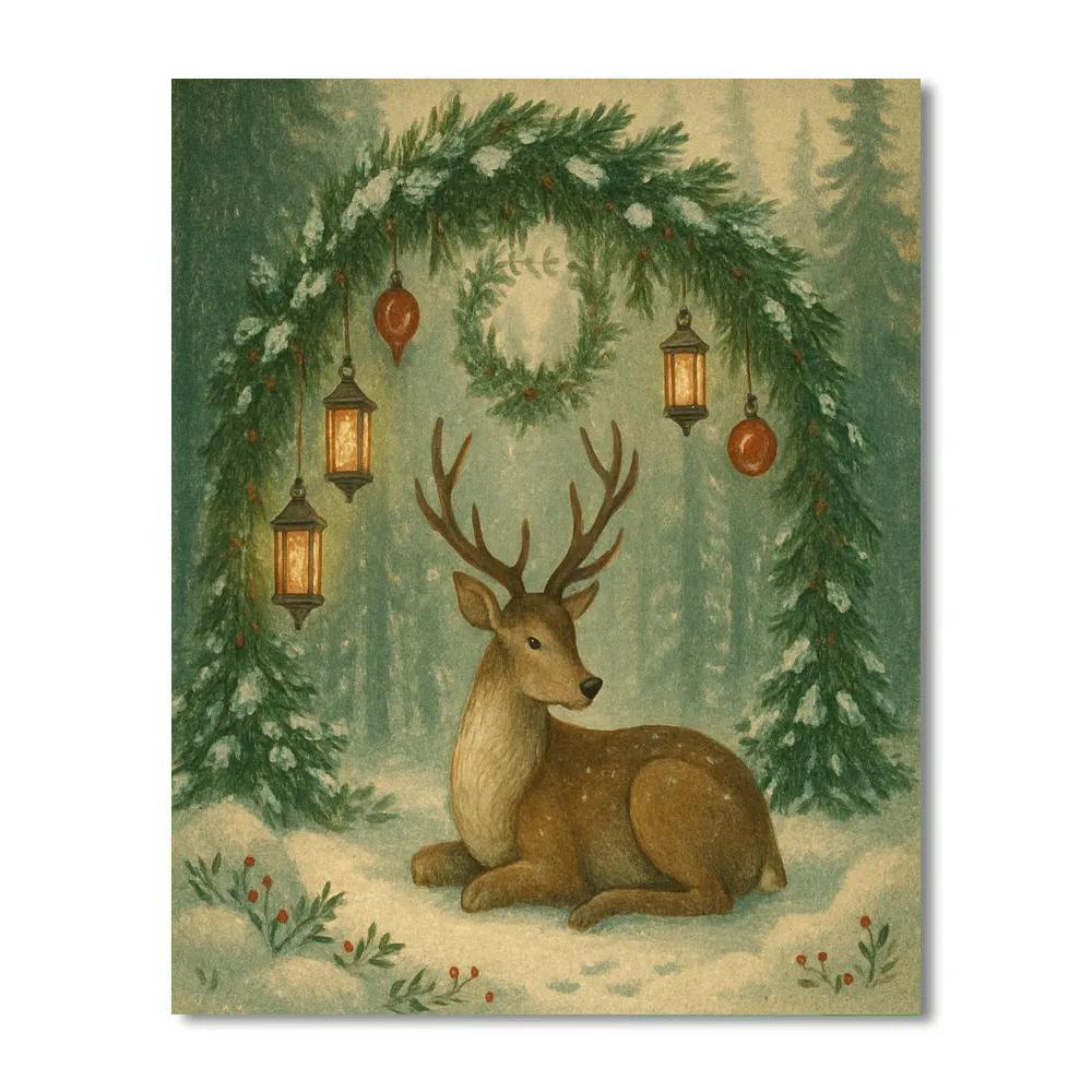 Reindeer Resting Beneath A Lantern Pine Archway Paint by numbers kits