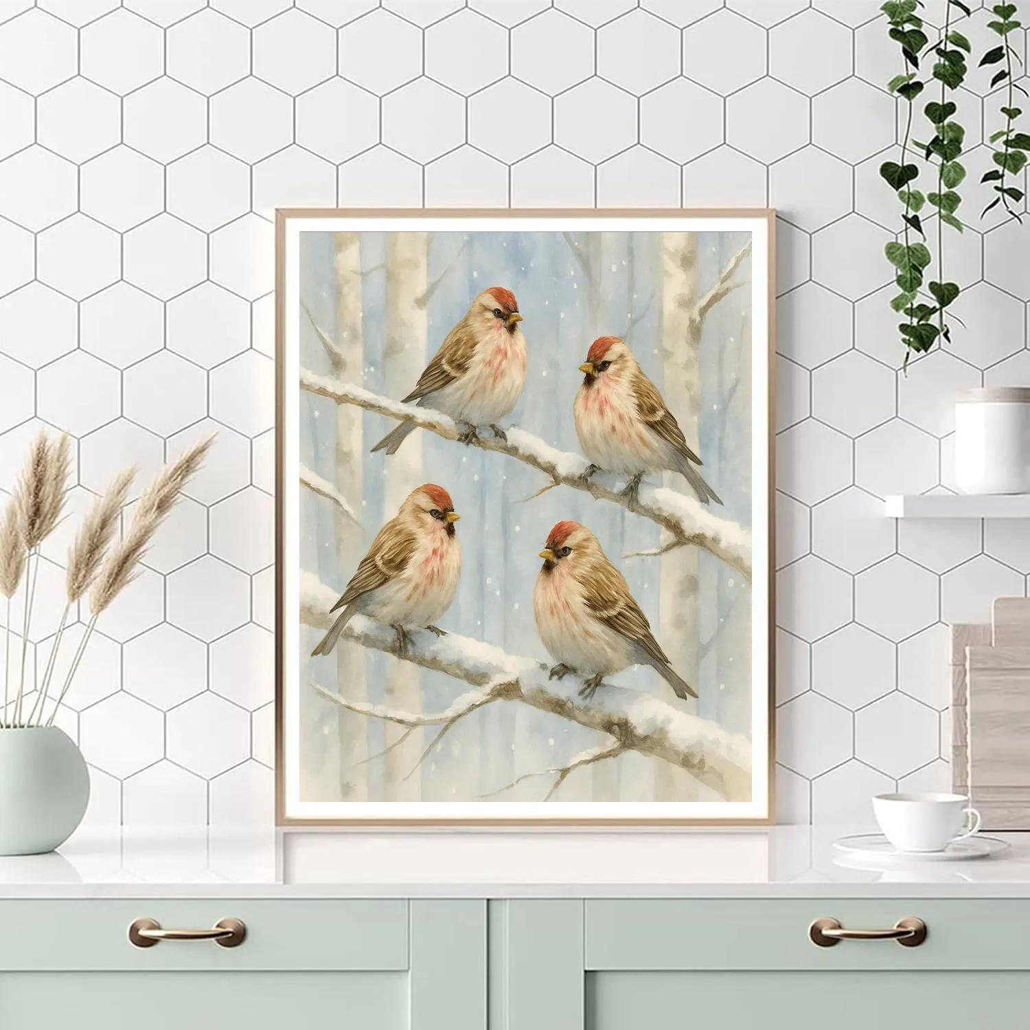 Snowy Birch Finches Under A Soft Sky DIY paint by numbers
