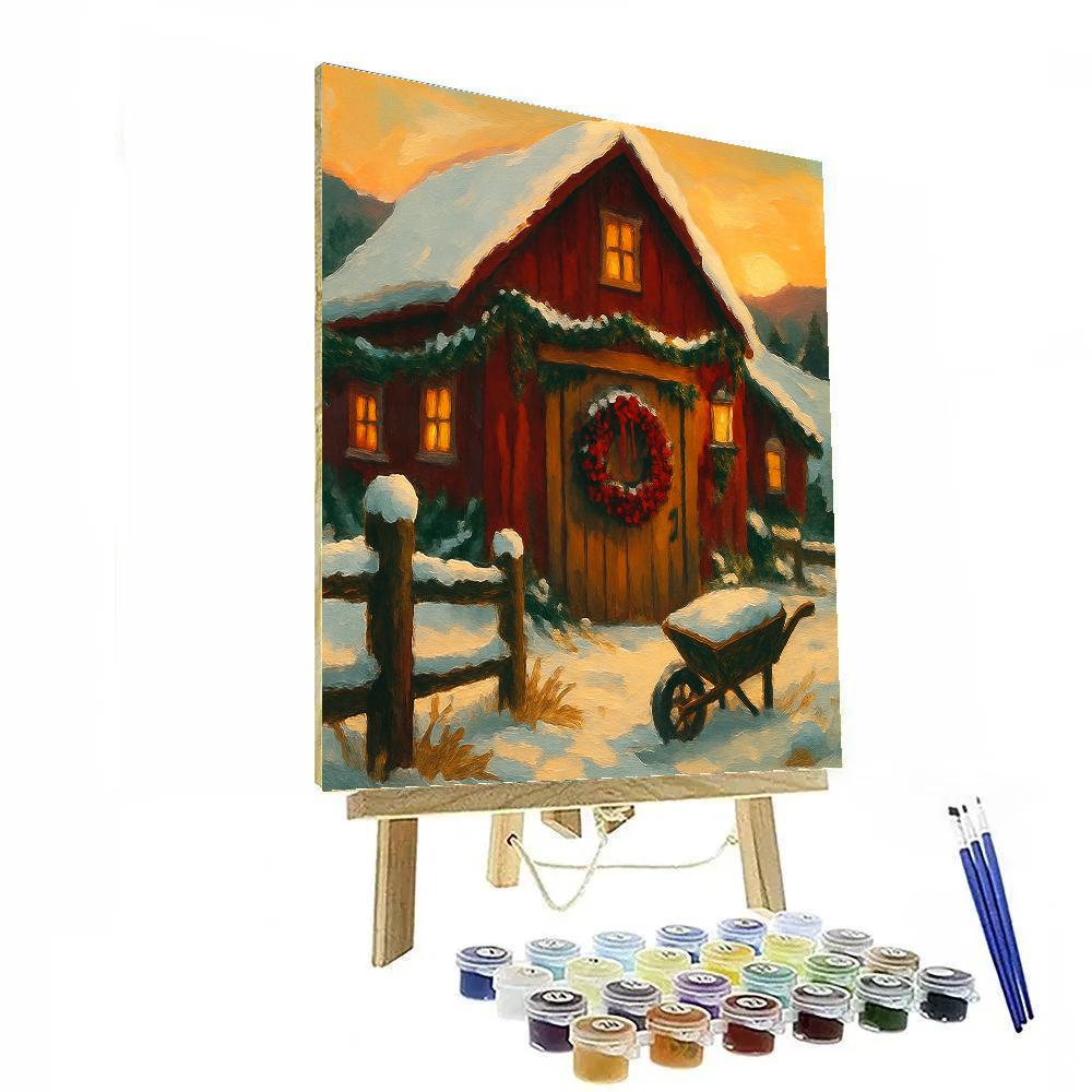 Frosted Cranberry Wreath On A Rustic Barn Door painting number kit