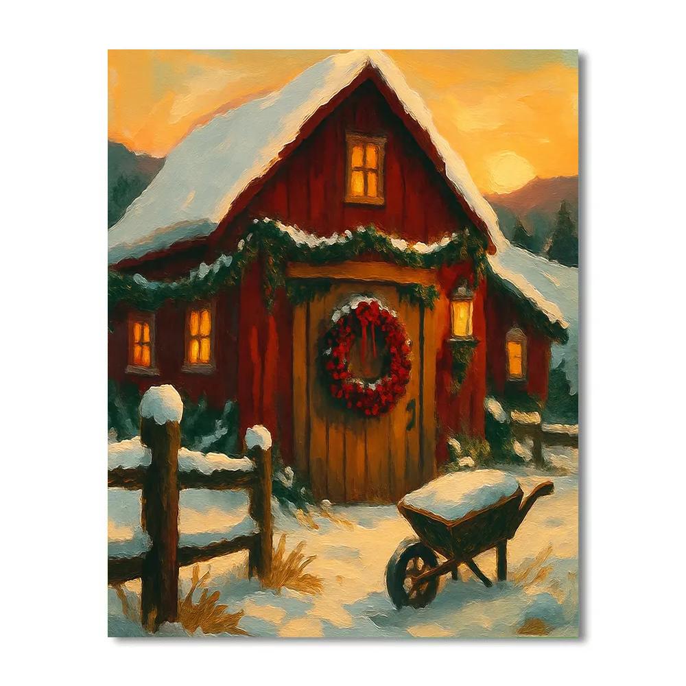 Frosted Cranberry Wreath On A Rustic Barn Door painting number kit