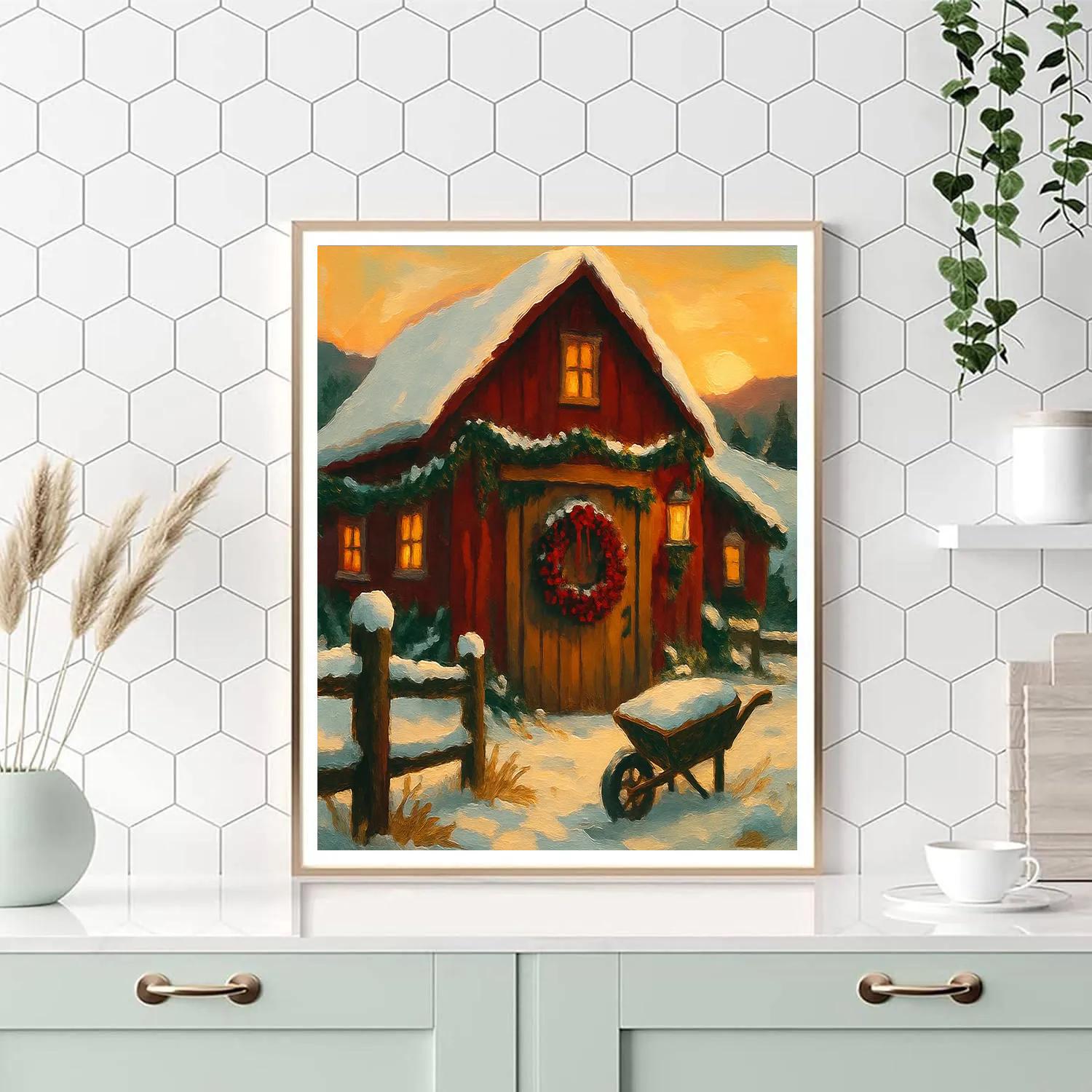 Frosted Cranberry Wreath On A Rustic Barn Door painting number kit