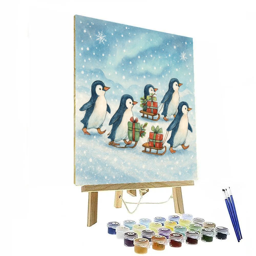 Penguin Parade With Tiny Gift Sleds paint by numbers