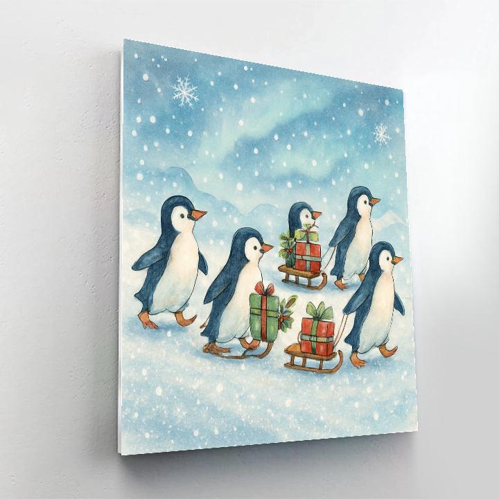 Penguin Parade With Tiny Gift Sleds paint by numbers