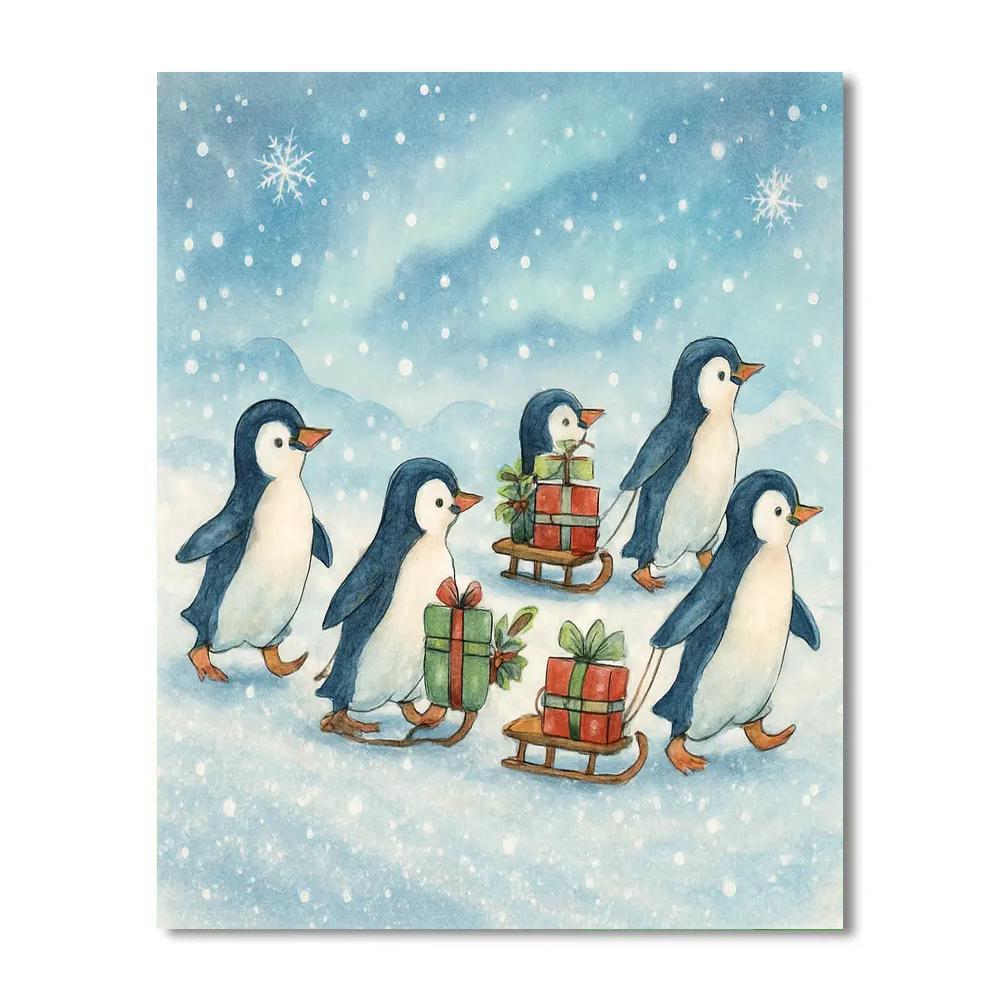 Penguin Parade With Tiny Gift Sleds paint by numbers